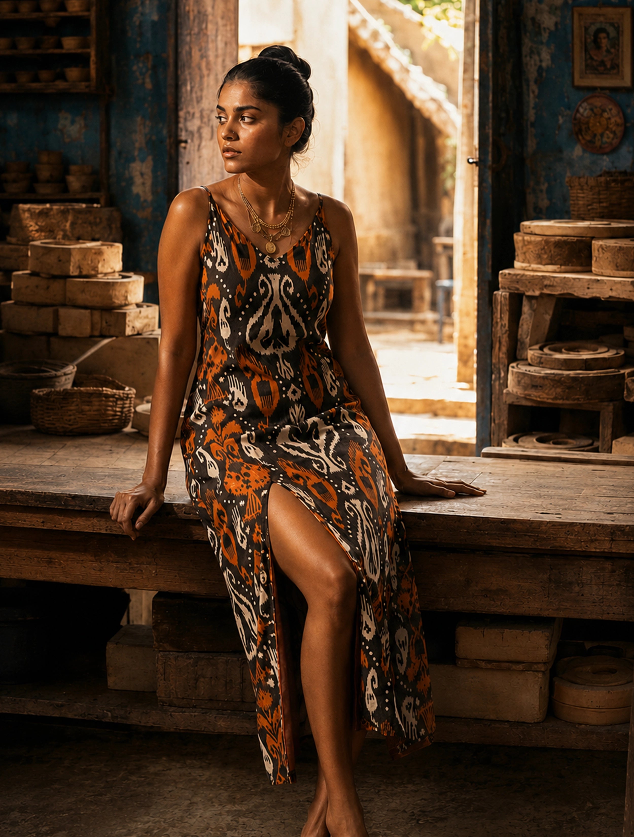 trueBrowns Cola Orange Ikat Print Cotton Mull Strappy Long Dress