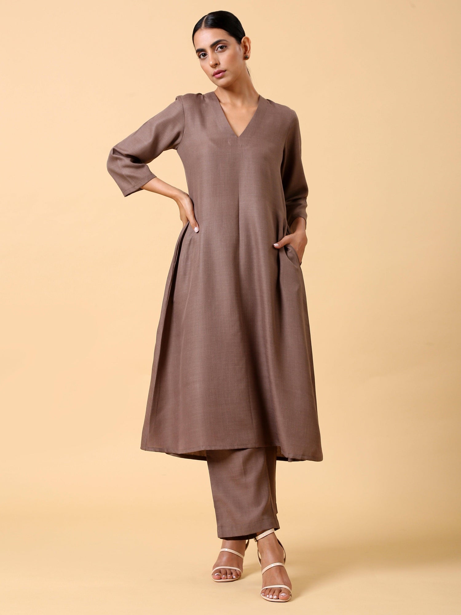 Cotton Linen Burnt Brown Kurta Pant Set - trueBrowns