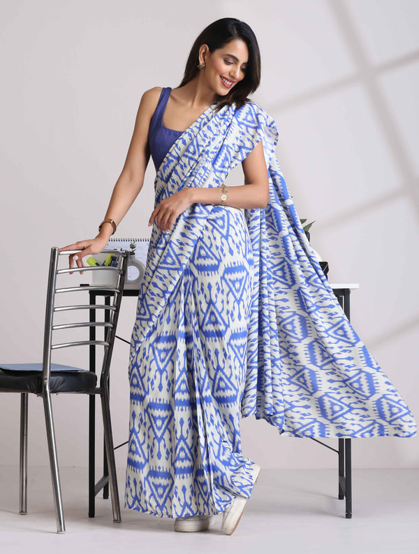 trueBrowns Blue Muslin Ikat Saree
