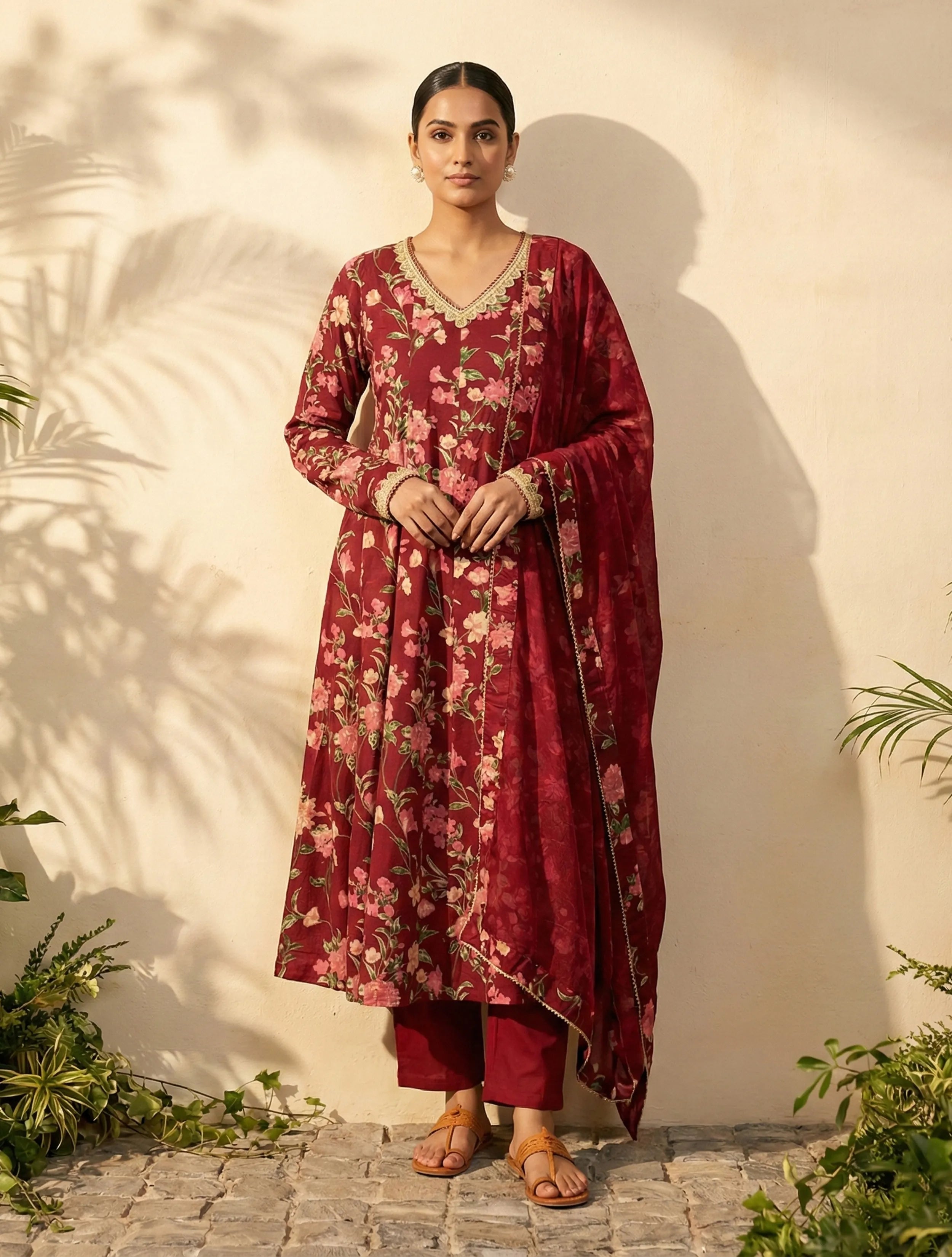 trueBrowns Maroon Floral Print V-Neck Anarkali Kurta Pant Dupatta Set
