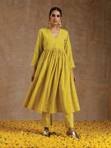 Lime Gold Cotton Kalidar Kurta Set