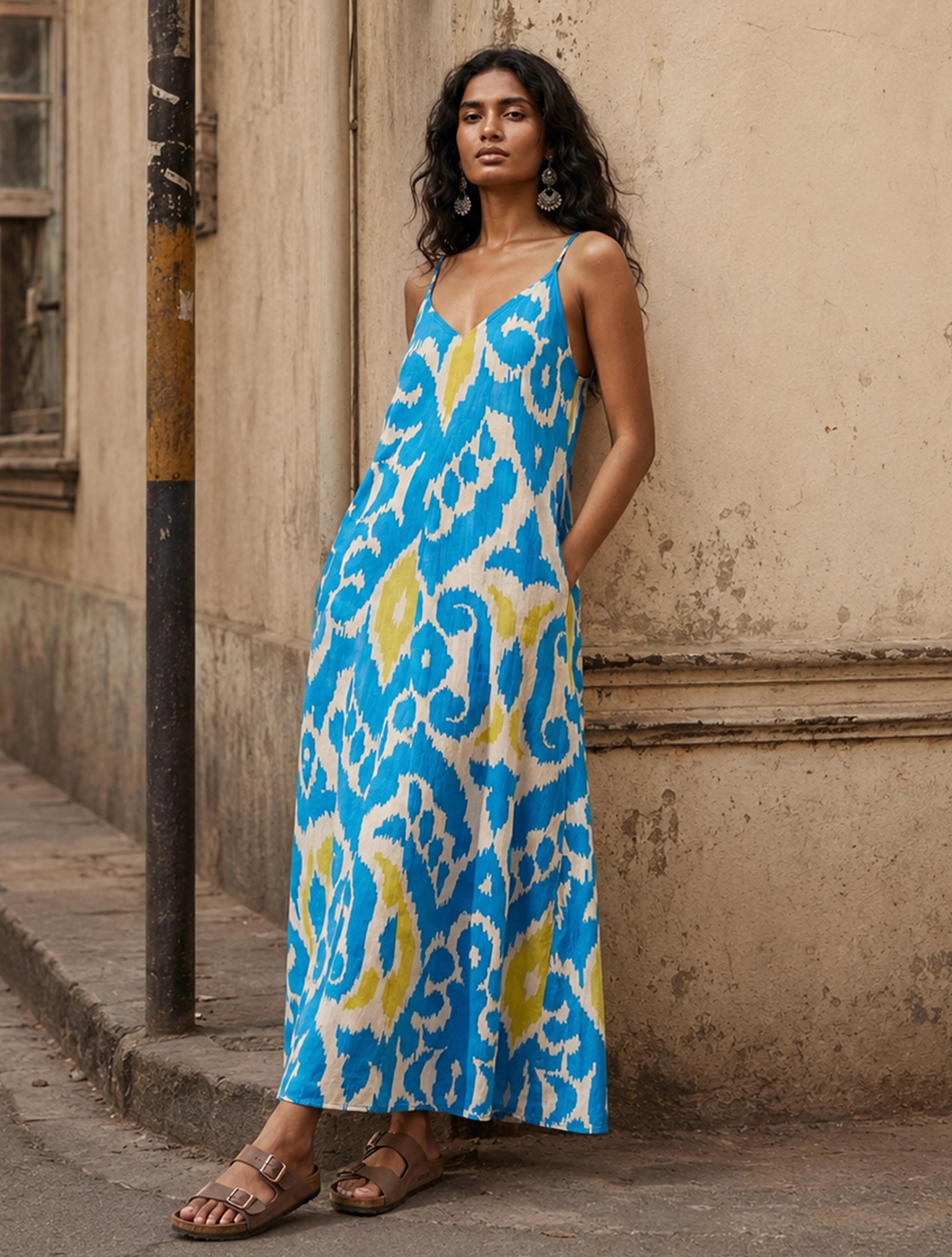 blue ikat maxi dress trueBrowns Print Cotton Mul Strappy All New Arrivals Blue Floral Print Ruffle Size:US12-UK14-EUR42 Where to Wear Resort