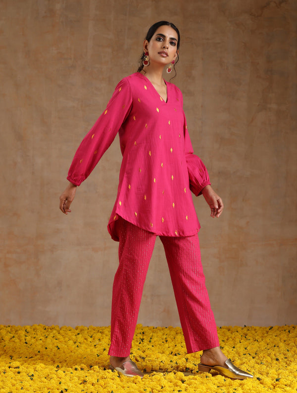 Pink Gold Cotton Short Co-Ord Set