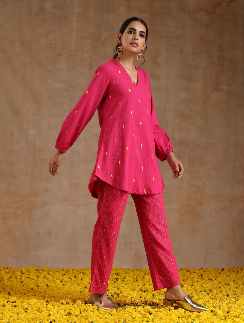 Pink Gold Cotton Short Co-Ord Set