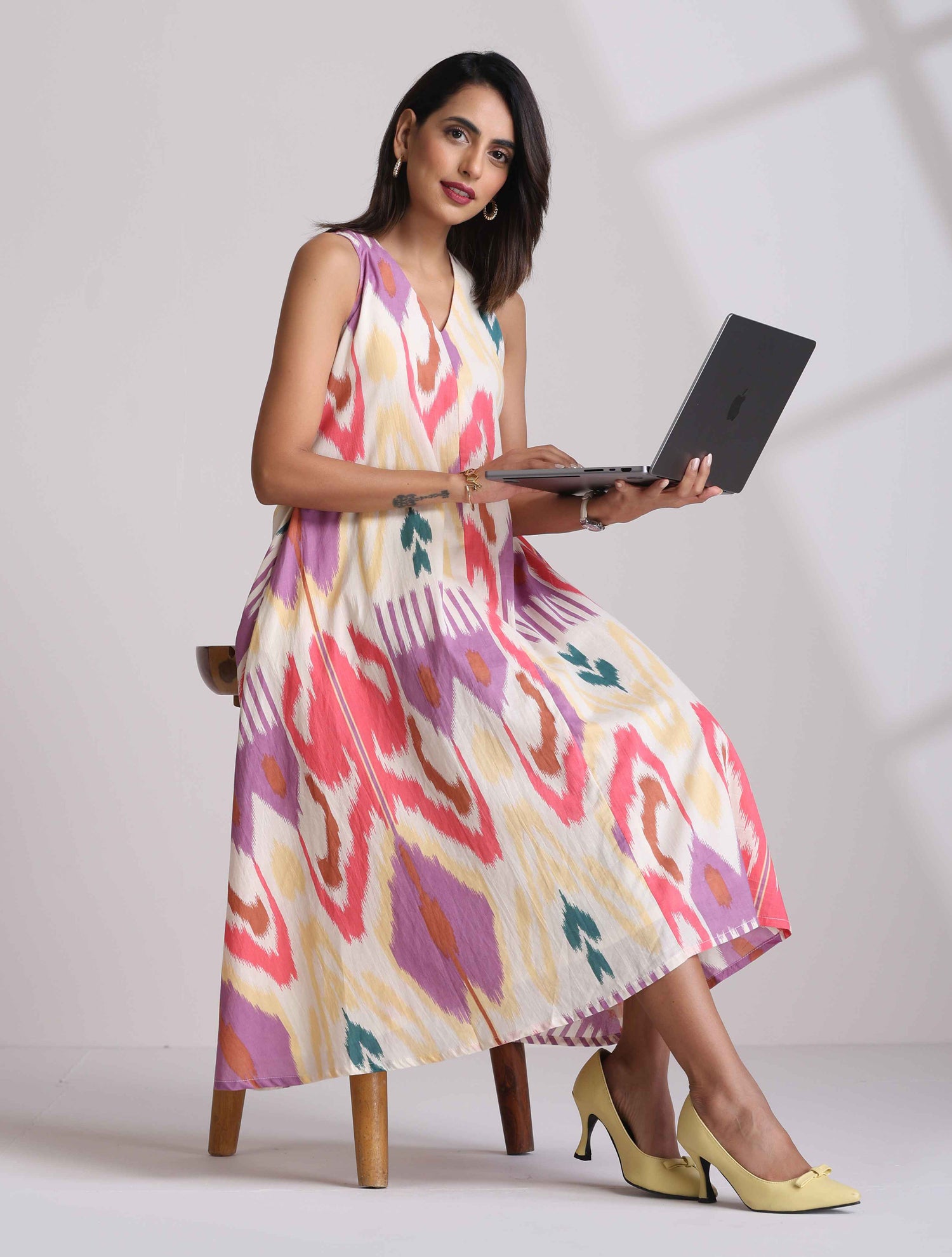 trueBrowns Pink Cotton Ikat Sleeveless Dress