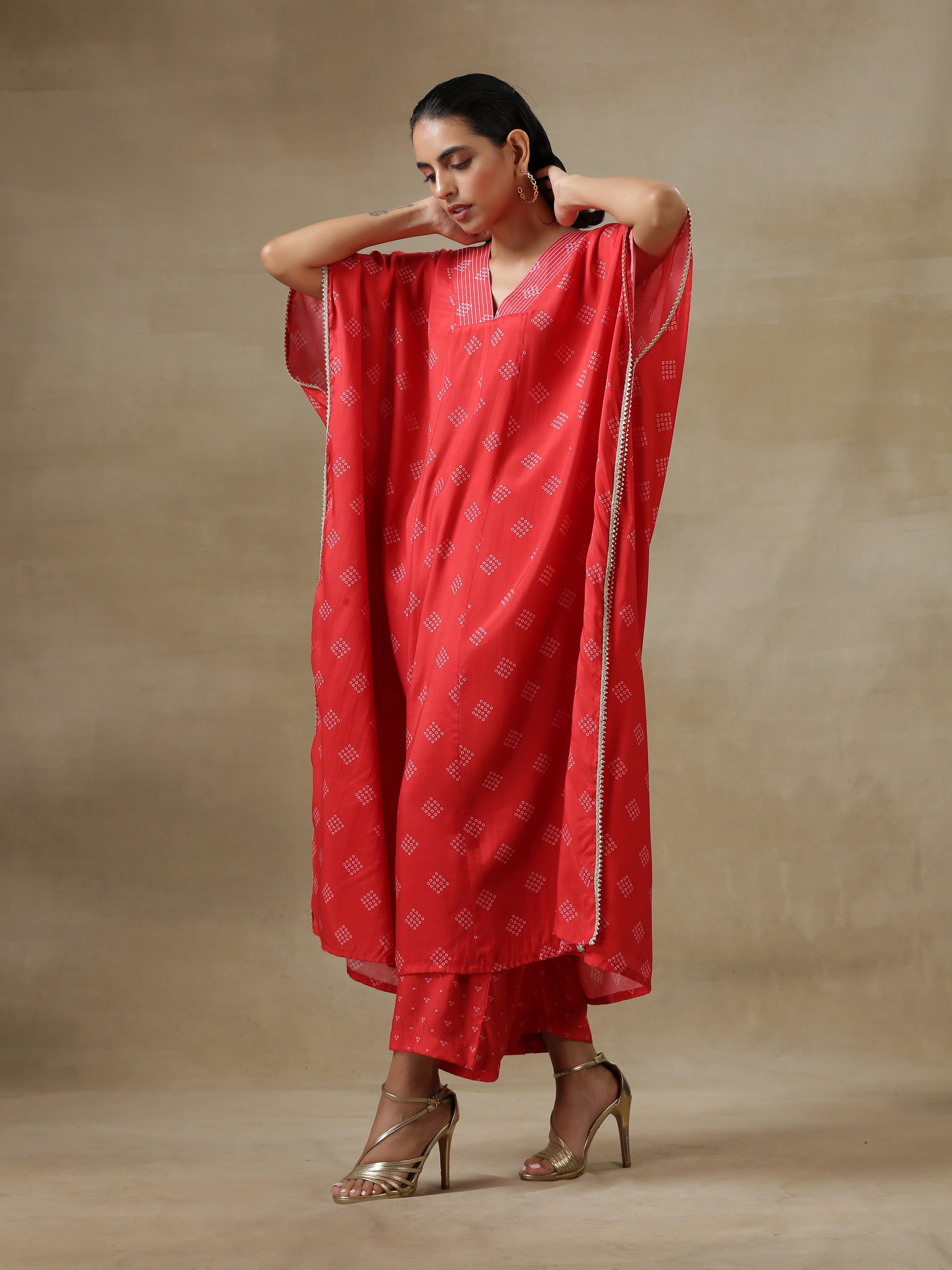 Red Bandhani Printed Silk Panel Kaftan Kurta Pant Set