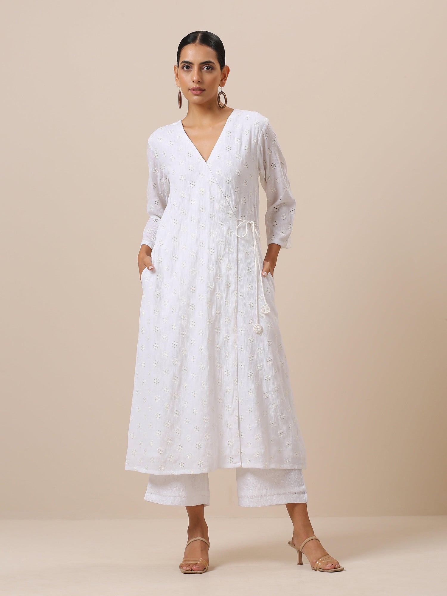 Cotton White Schiffli Angrakha Pant Set - trueBrowns