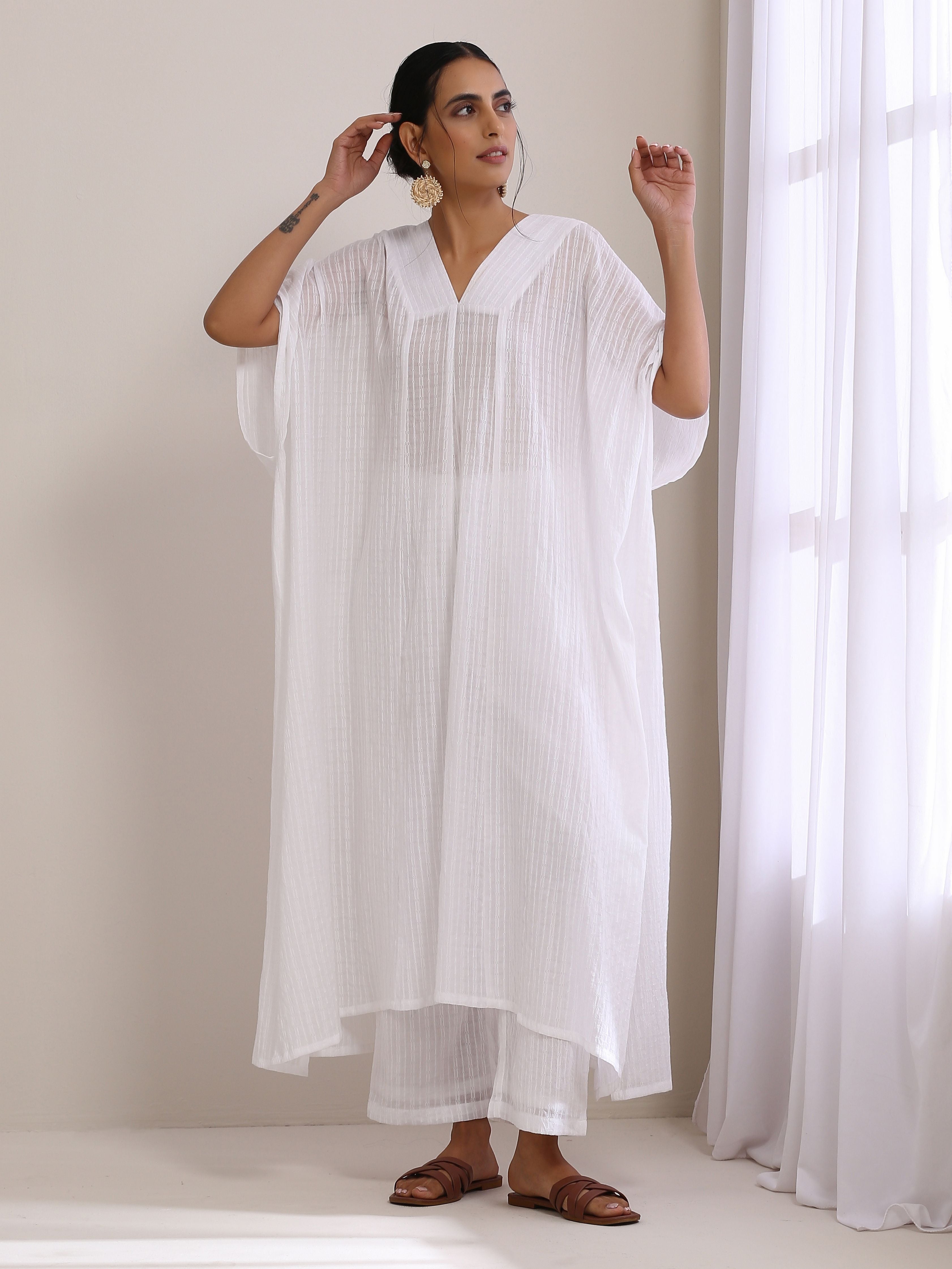 White Dobby Panel Kaftan Kurta Pant Set
