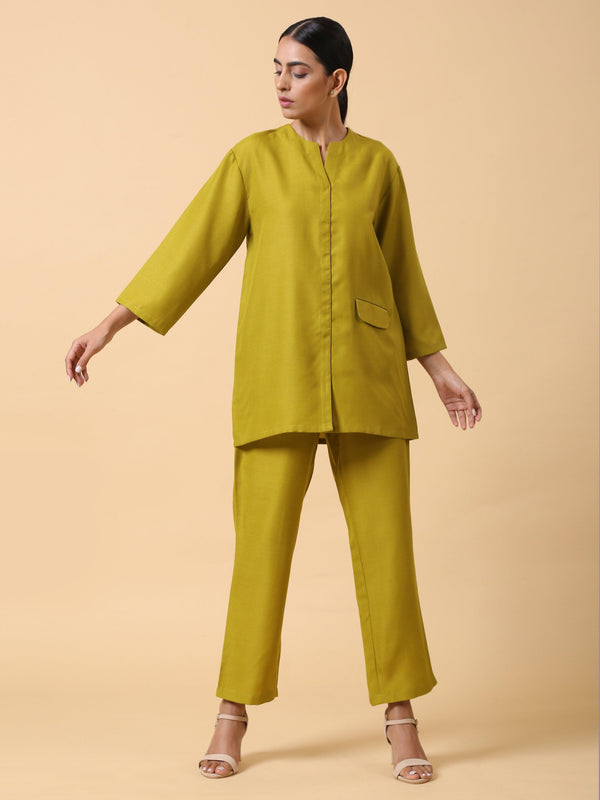 trueBrowns Pear Green Cotton Linen Kurta Pant Set