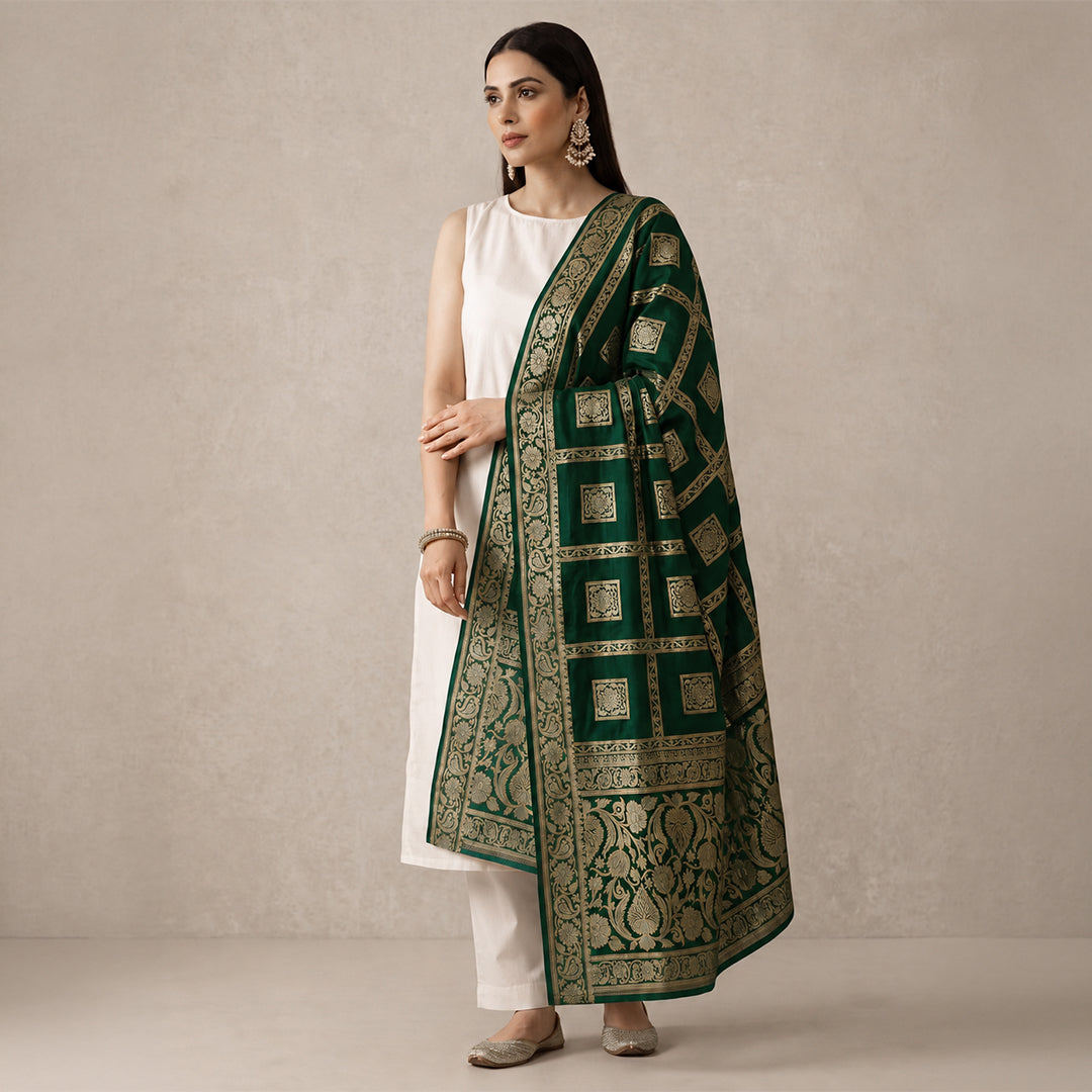trueBrowns Green Gold Weave Banarasi Dupatta