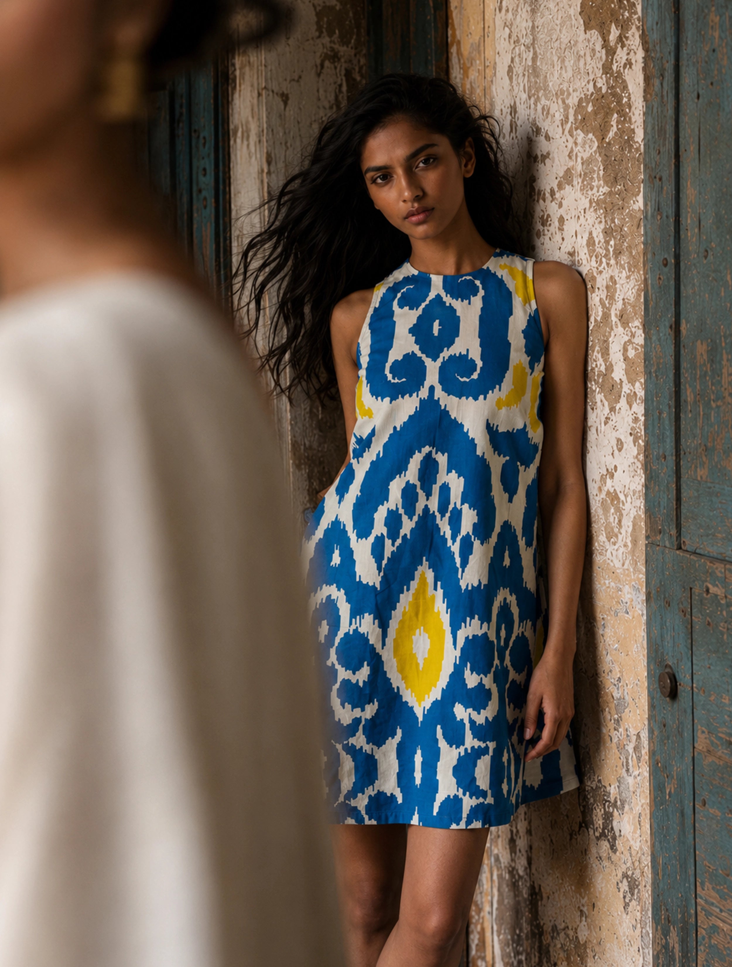 trueBrowns Blue Ikat Print Cotton Sleeveless Short Dress