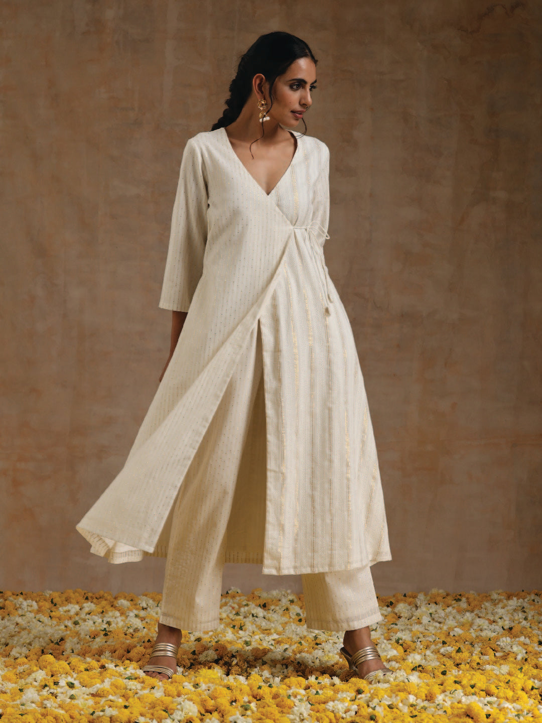 Ivory Gold Cotton Angrakha Kurta Set