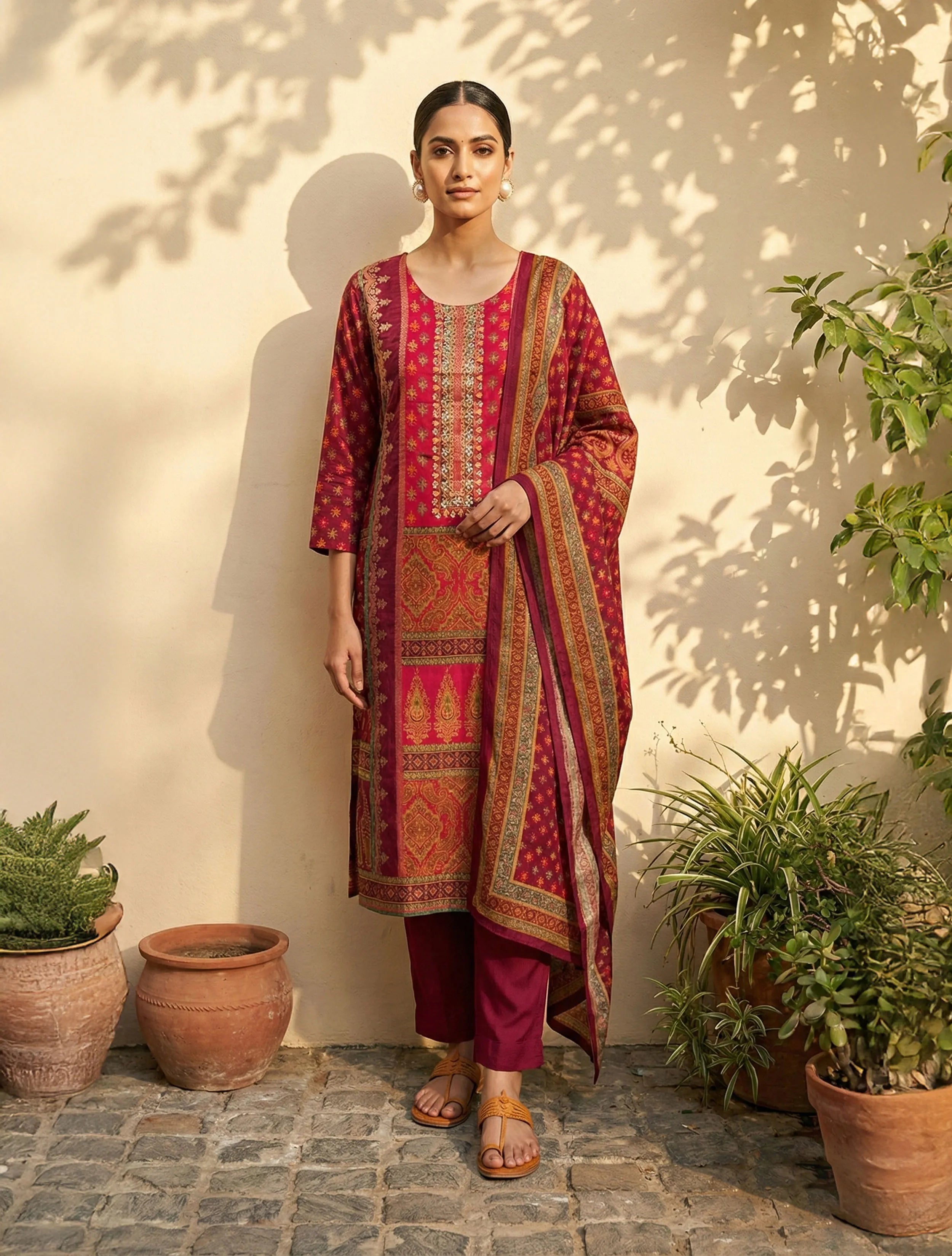 trueBrowns Magenta Print Embroidered Kurta Pant Dupatta Set