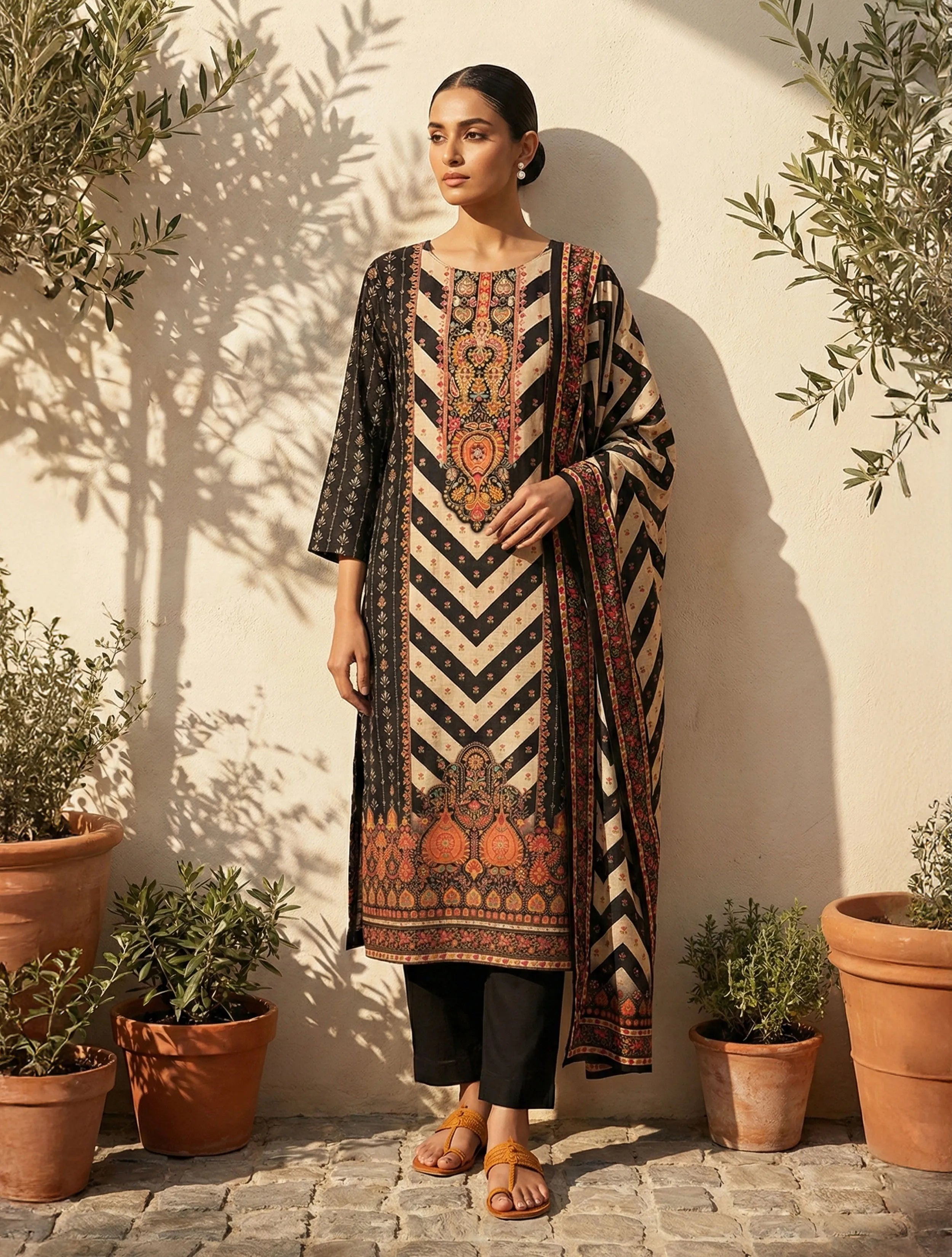 trueBrowns Black Print And Embroidered Kurta Pant Dupatta Set