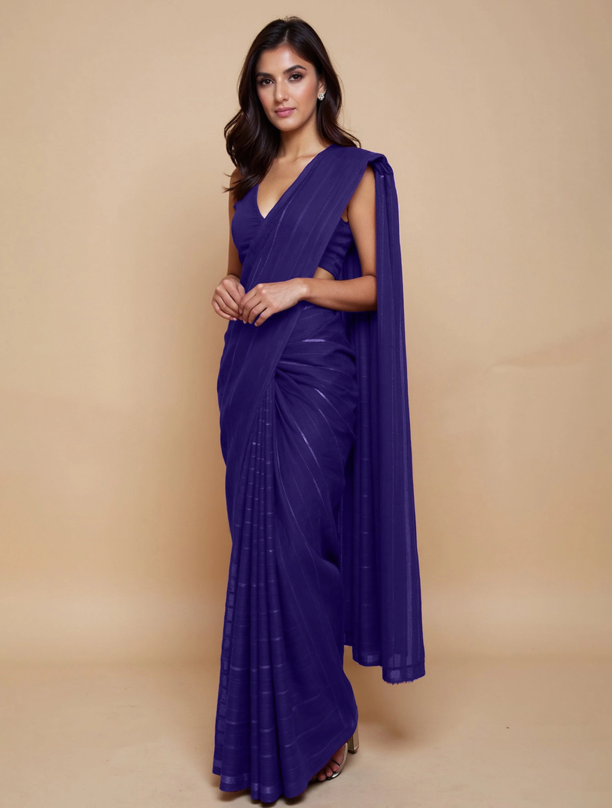trueBrowns Purple Stripe Saree With Unstitched Blouse