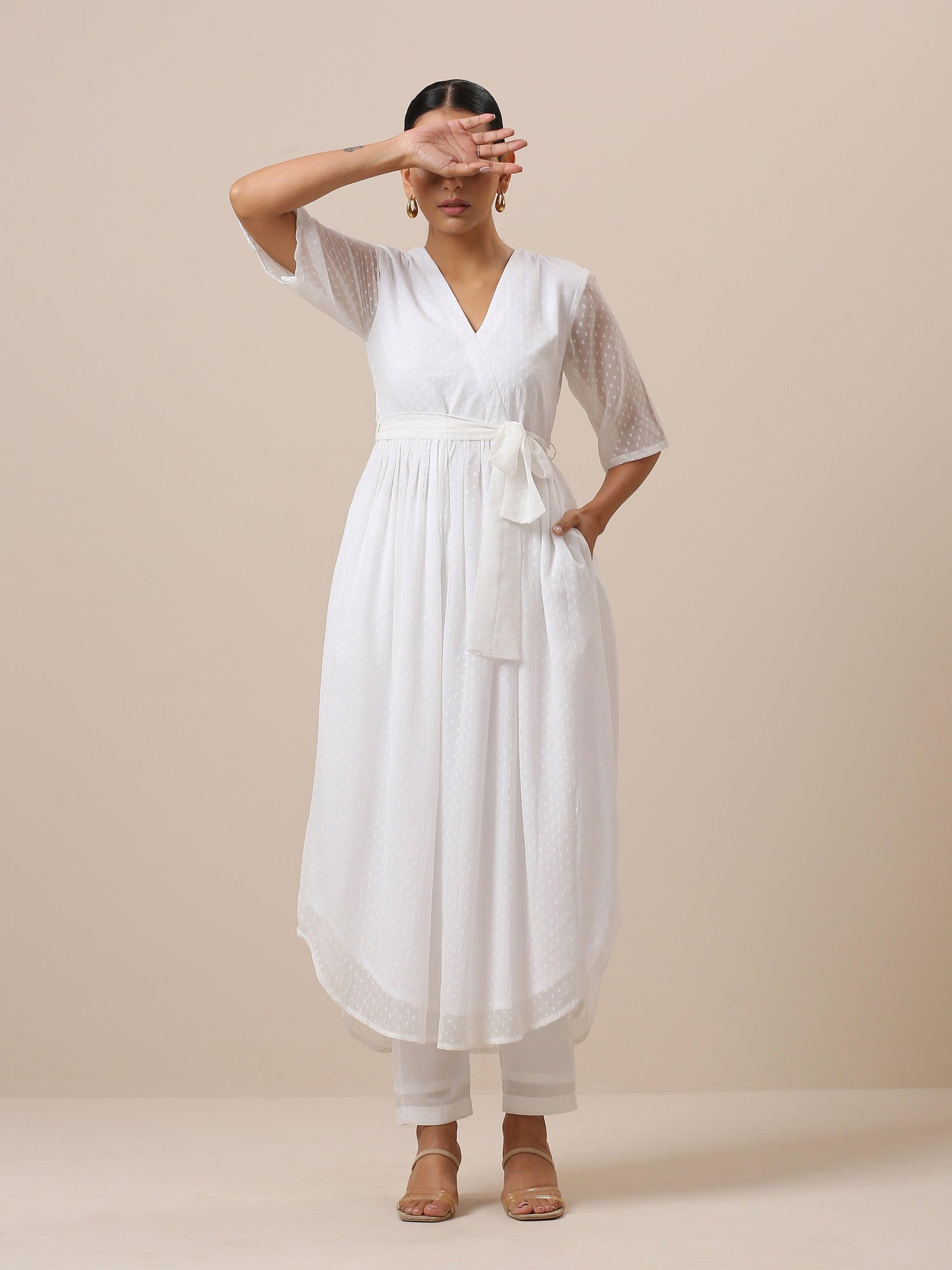 Chiffon White Dobby Wrap Kurta Pant Set - trueBrowns