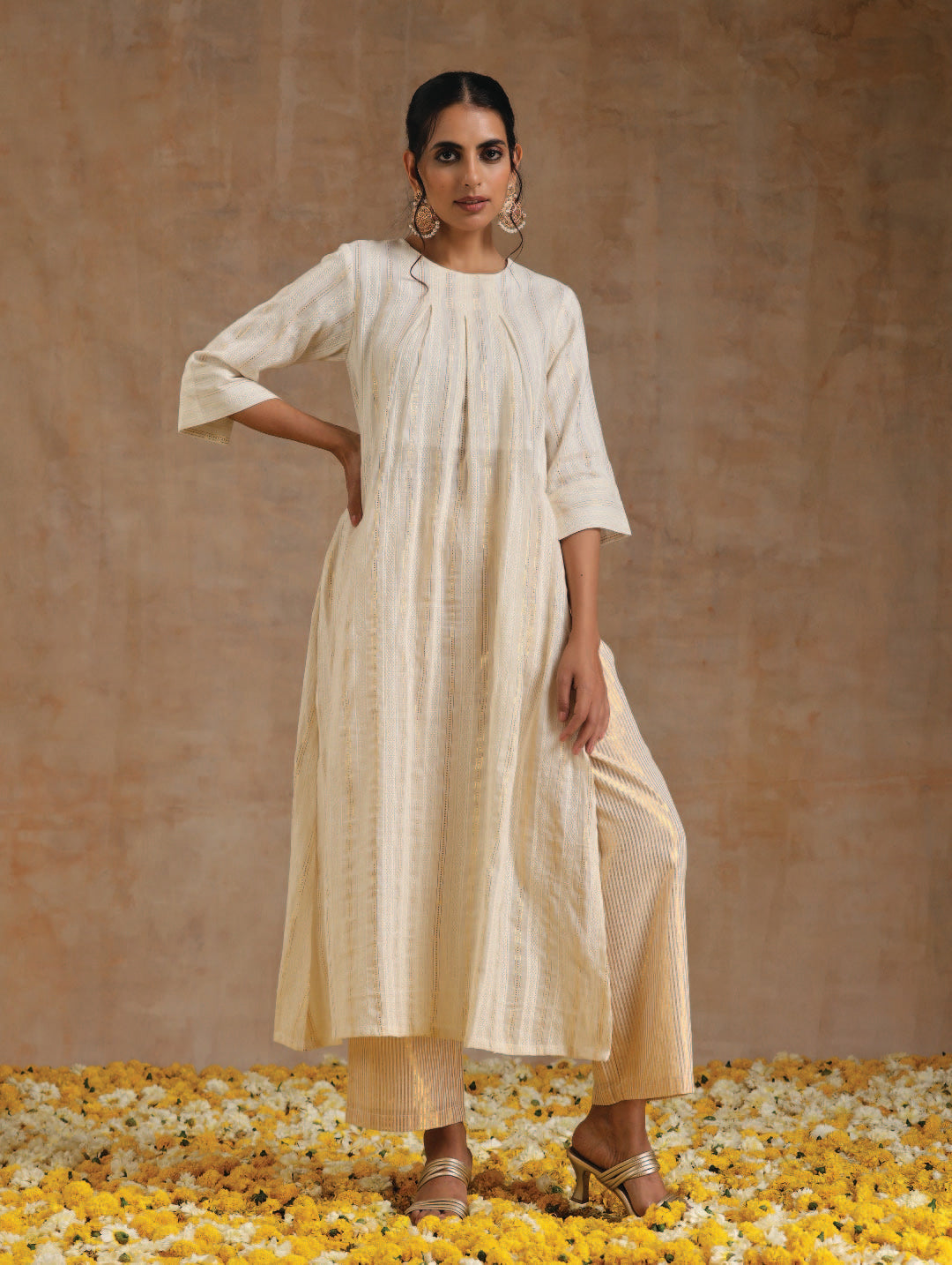 Ivory Gold Cotton Neck Pleat Kurta Set