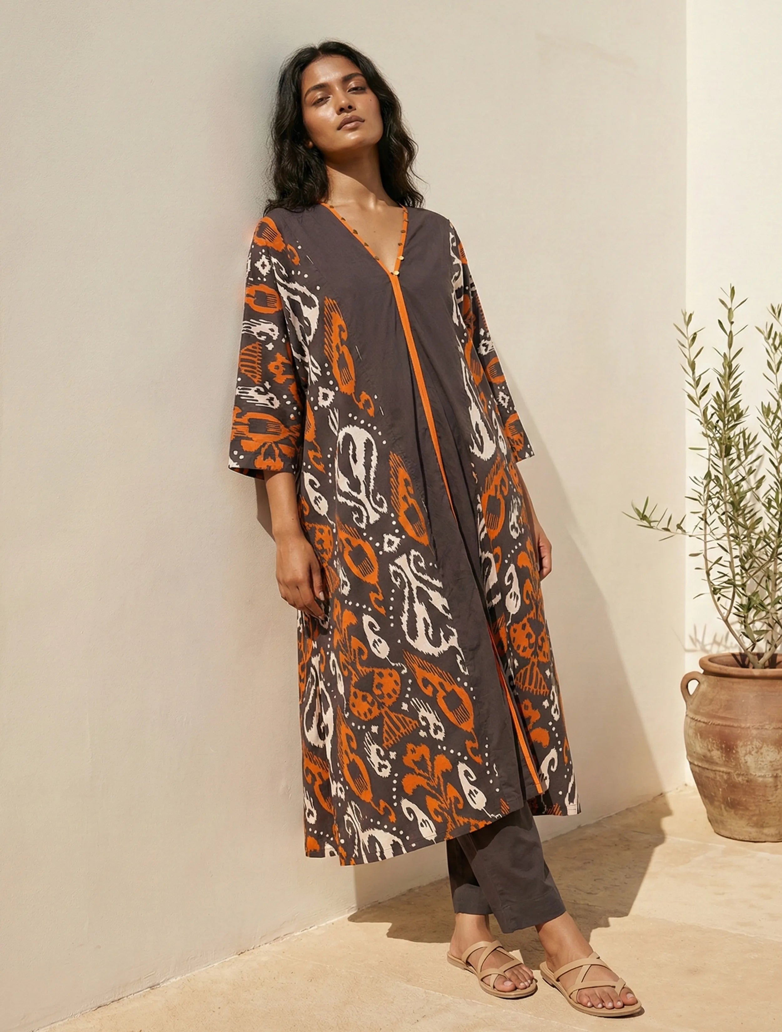 trueBrowns Cola Orange Ikat Print Cotton Kaftan Kurta Set