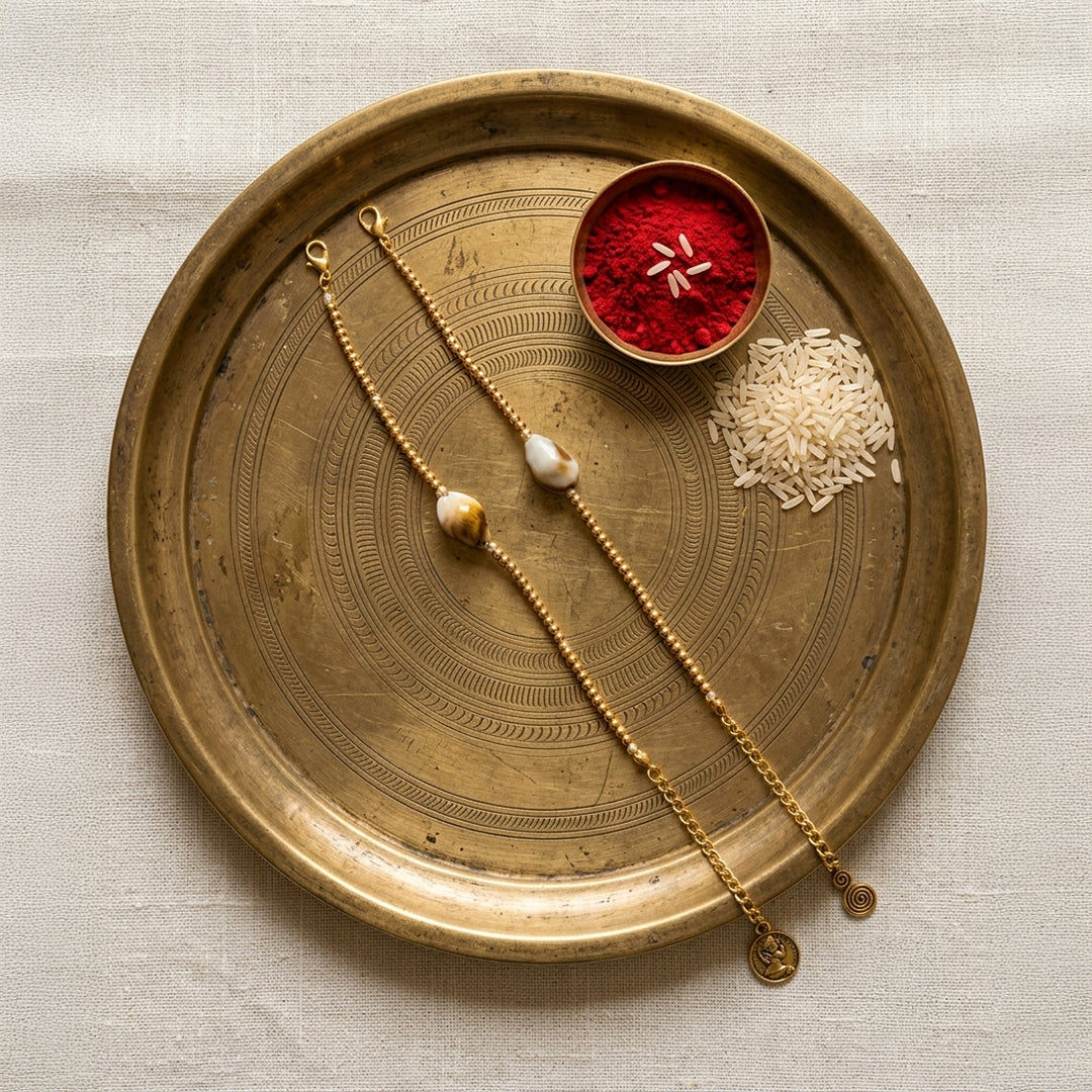 trueBrowns Gold Tone Beads with Shell Couple Bracelet Rakhi