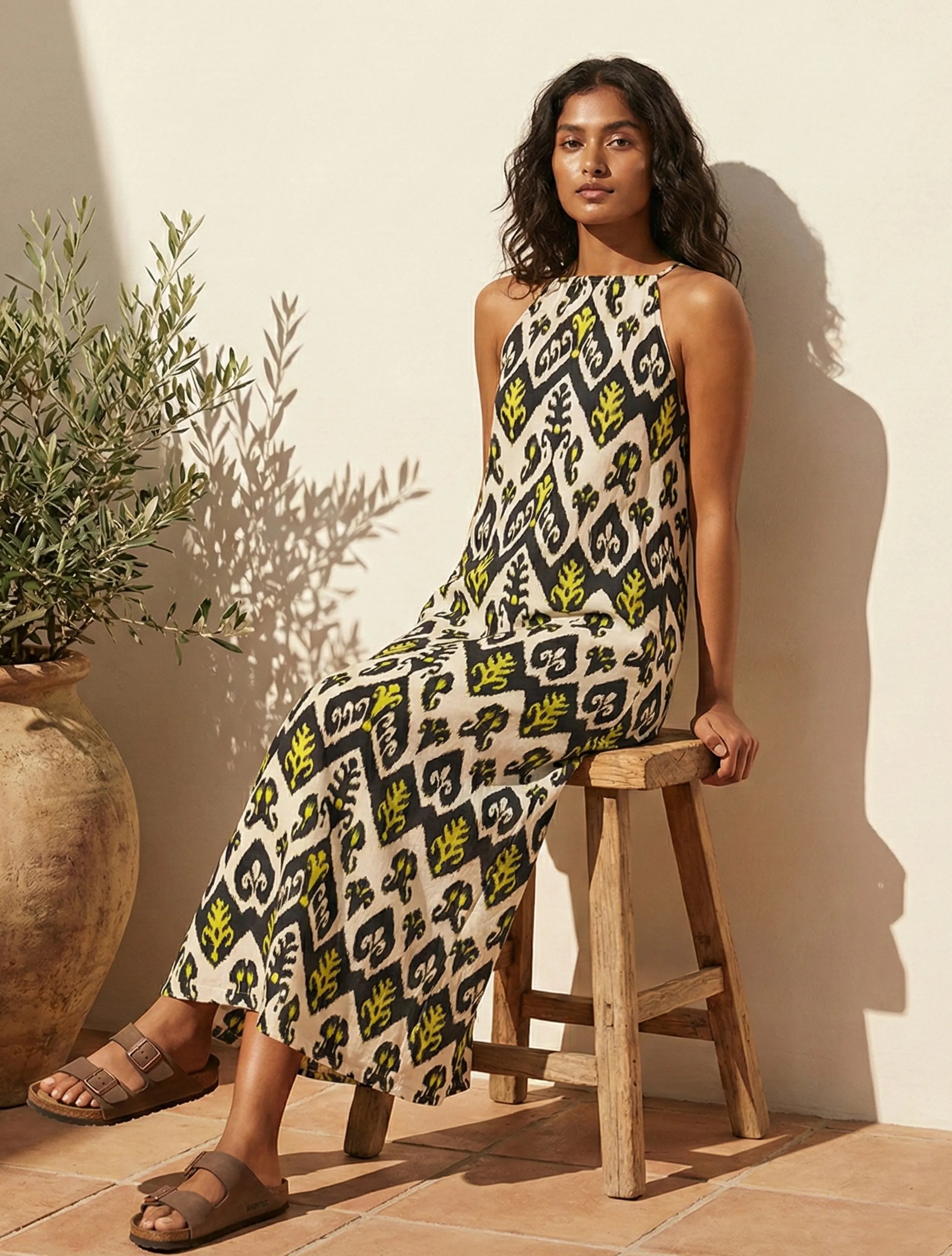 trueBrowns Black White Ikat Print Cotton Mull Long Dress