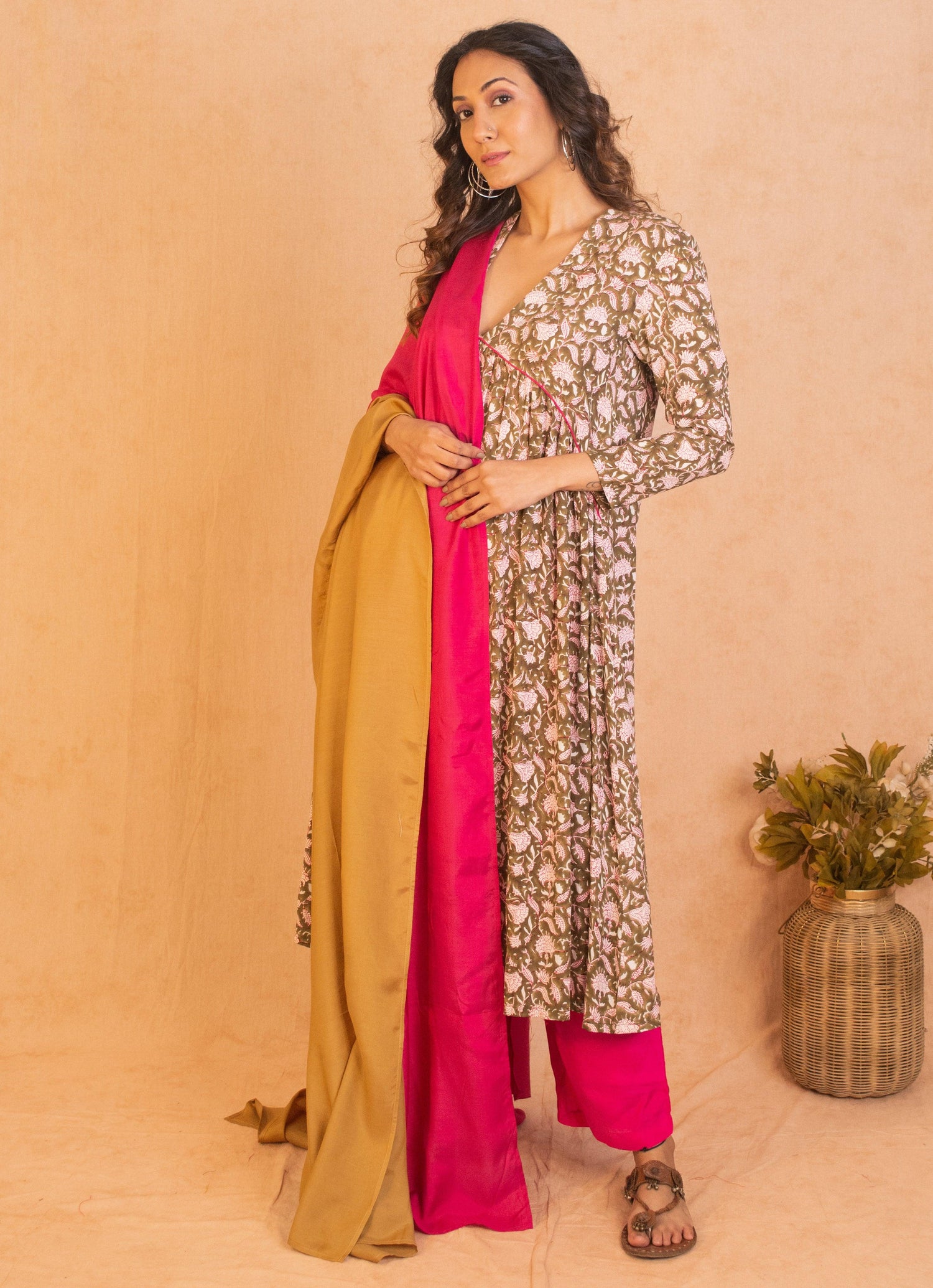 Olive Green Hand Block Printed Flared Silk Kurta Pant Dupatta Set - trueBrowns