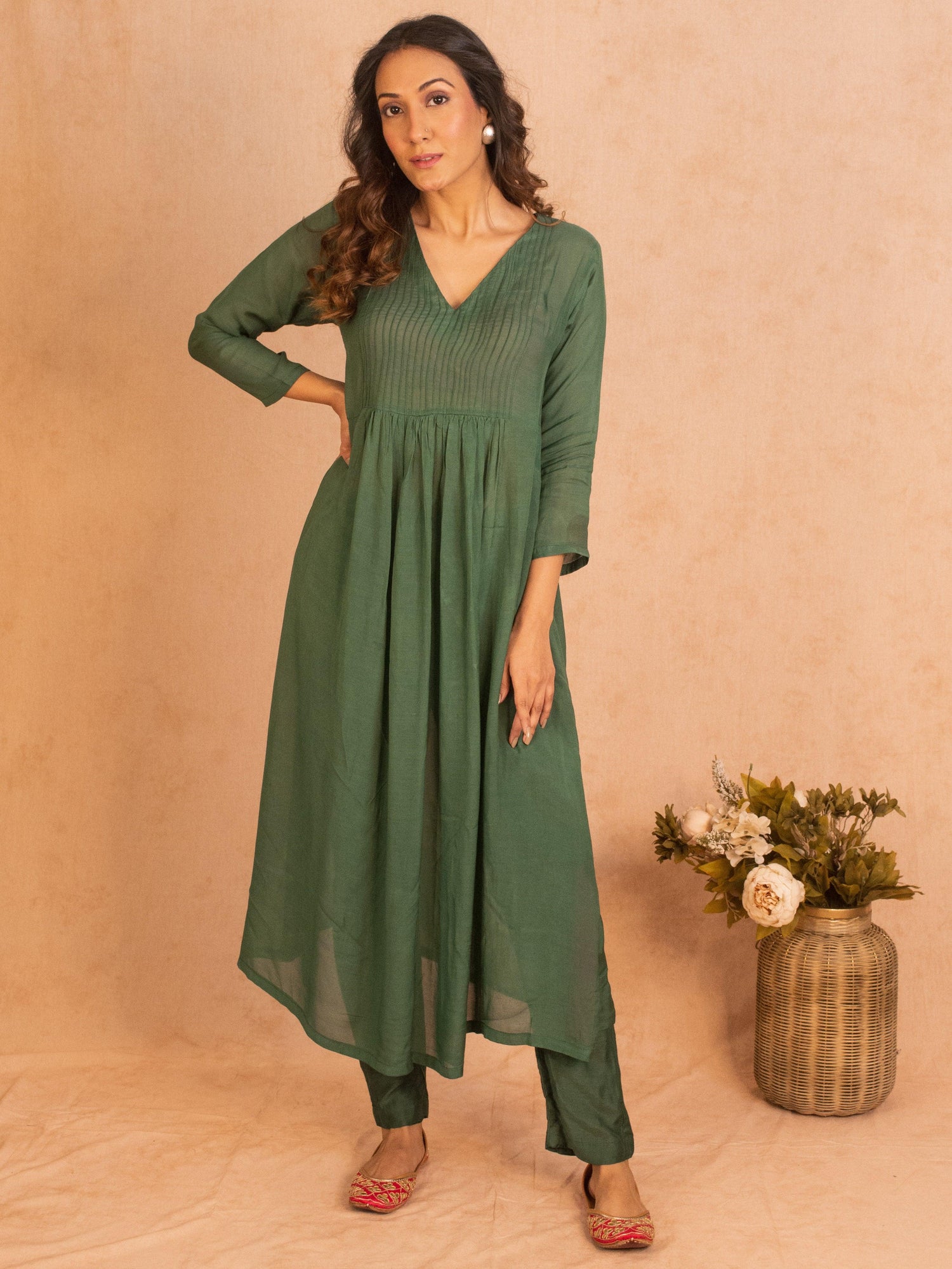 Silk Green Pintucks Flared Kurta Pant Set - trueBrowns