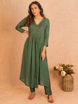 Silk Green Pintucks Flared Kurta Pant Set - trueBrowns