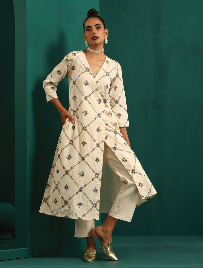 trueBrowns Ivory Embroidered Angrakha Kurta Pant Set