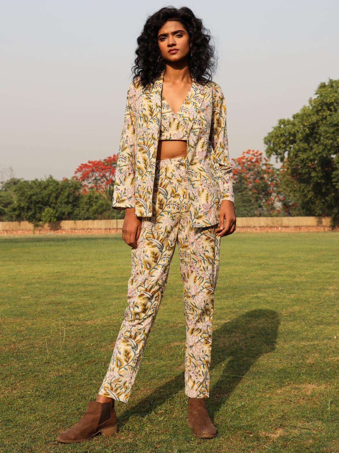 Light Sage Cotton Block Print Pant Suit Set - trueBrowns