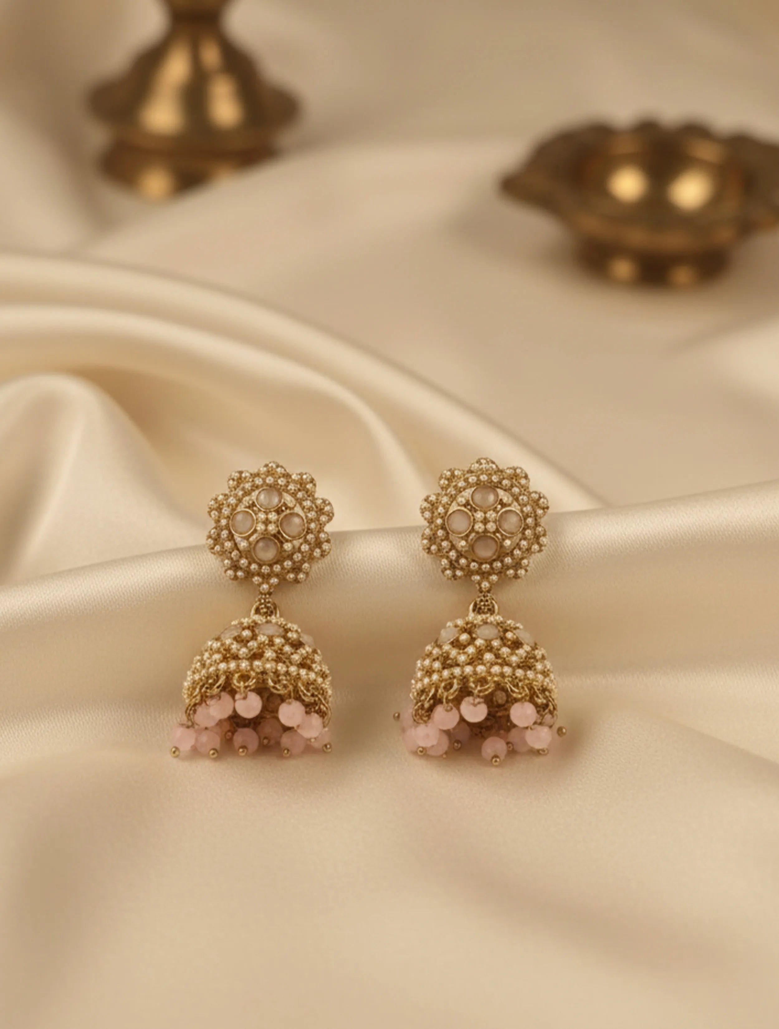 trueBrowns Classic Pink Pearl Jhumkas
