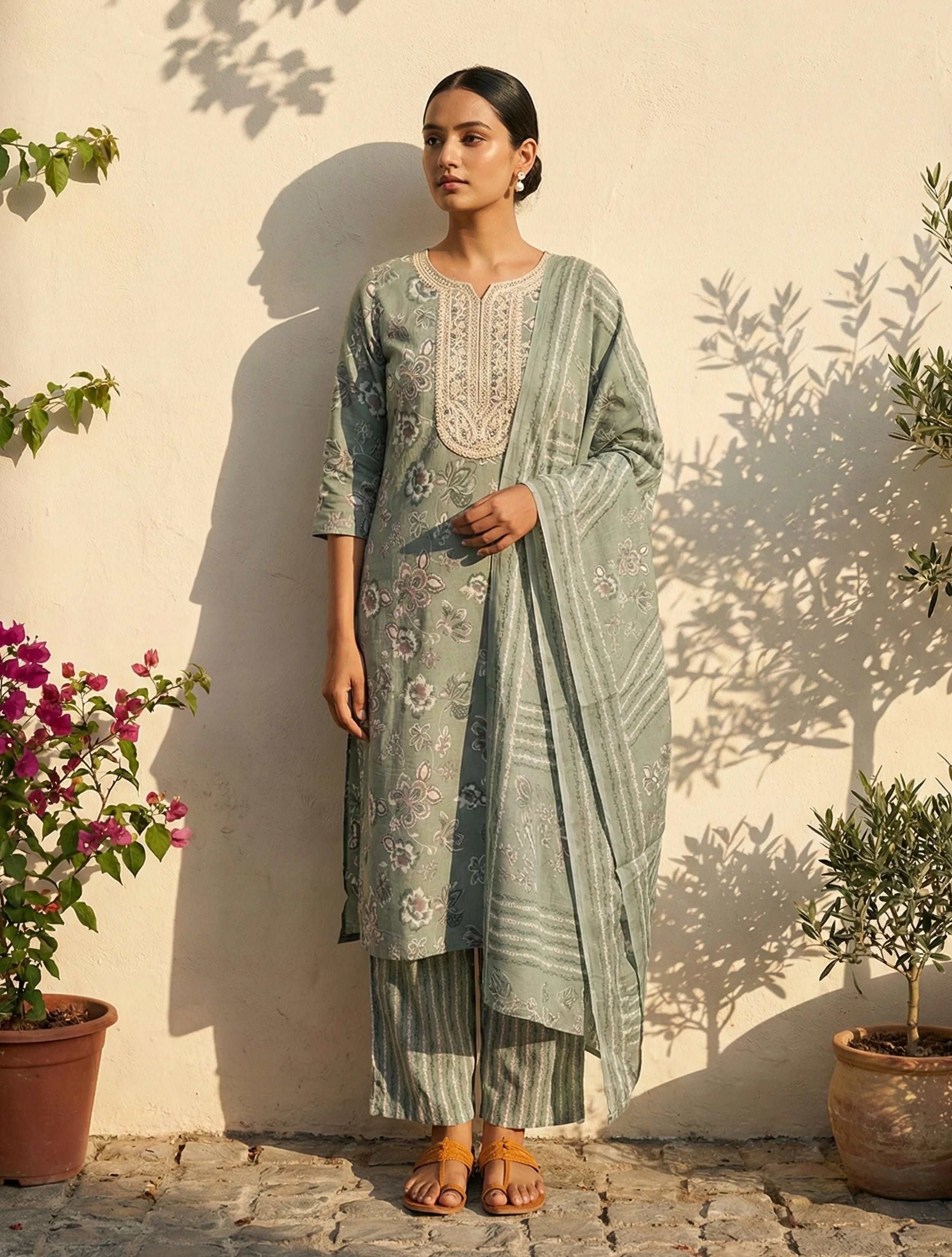 trueBrowns Sage Green Floral Print Kurta Pant Dupatta Set