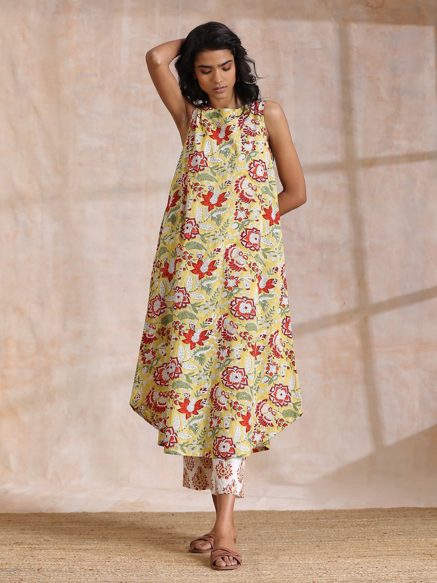 Yellow Overall Floral Block Print Cotton Sleeveless Kurta Pant Set