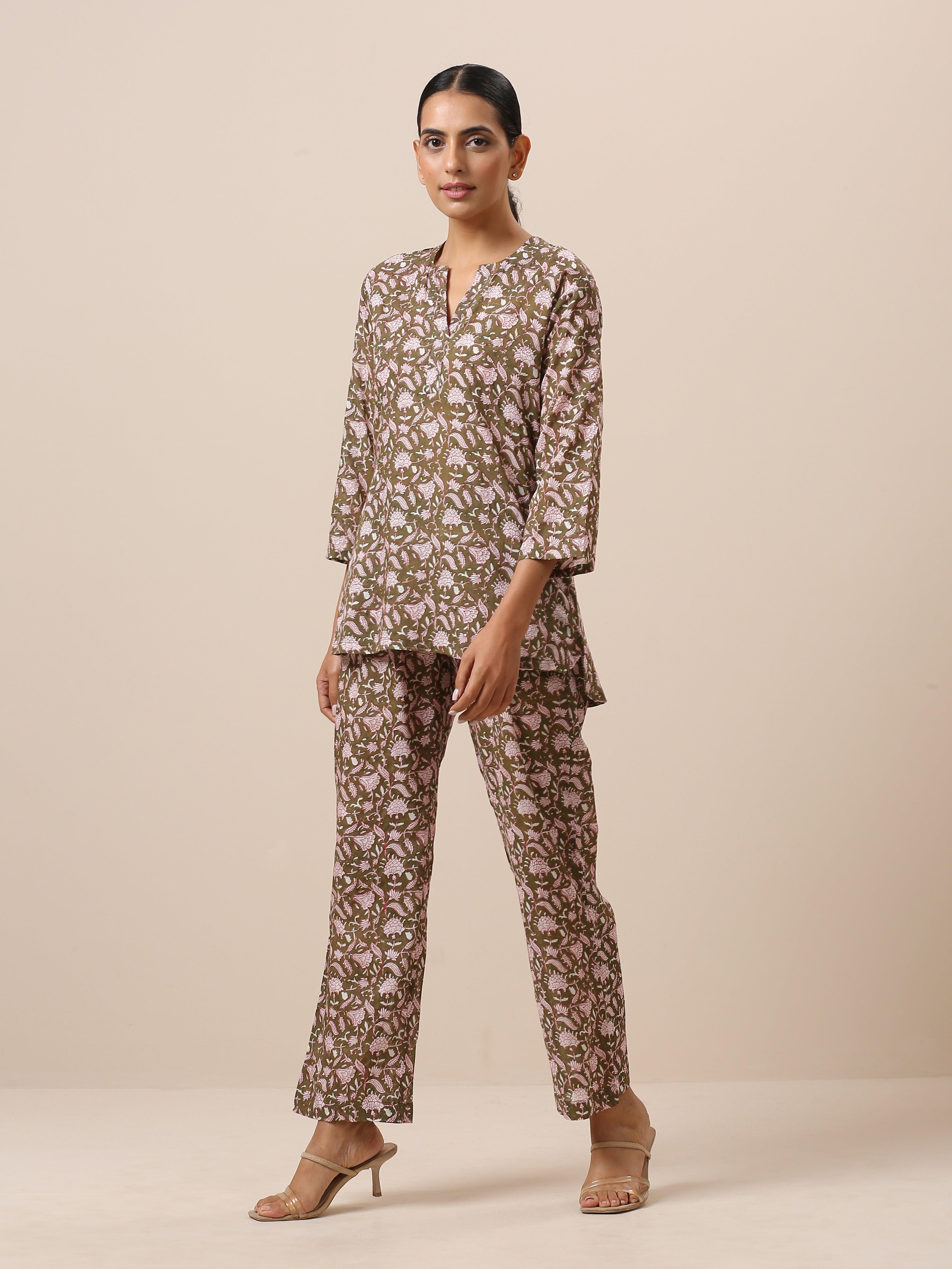Cotton Hand Block Printed Olive Green Co-Ord Set - trueBrowns