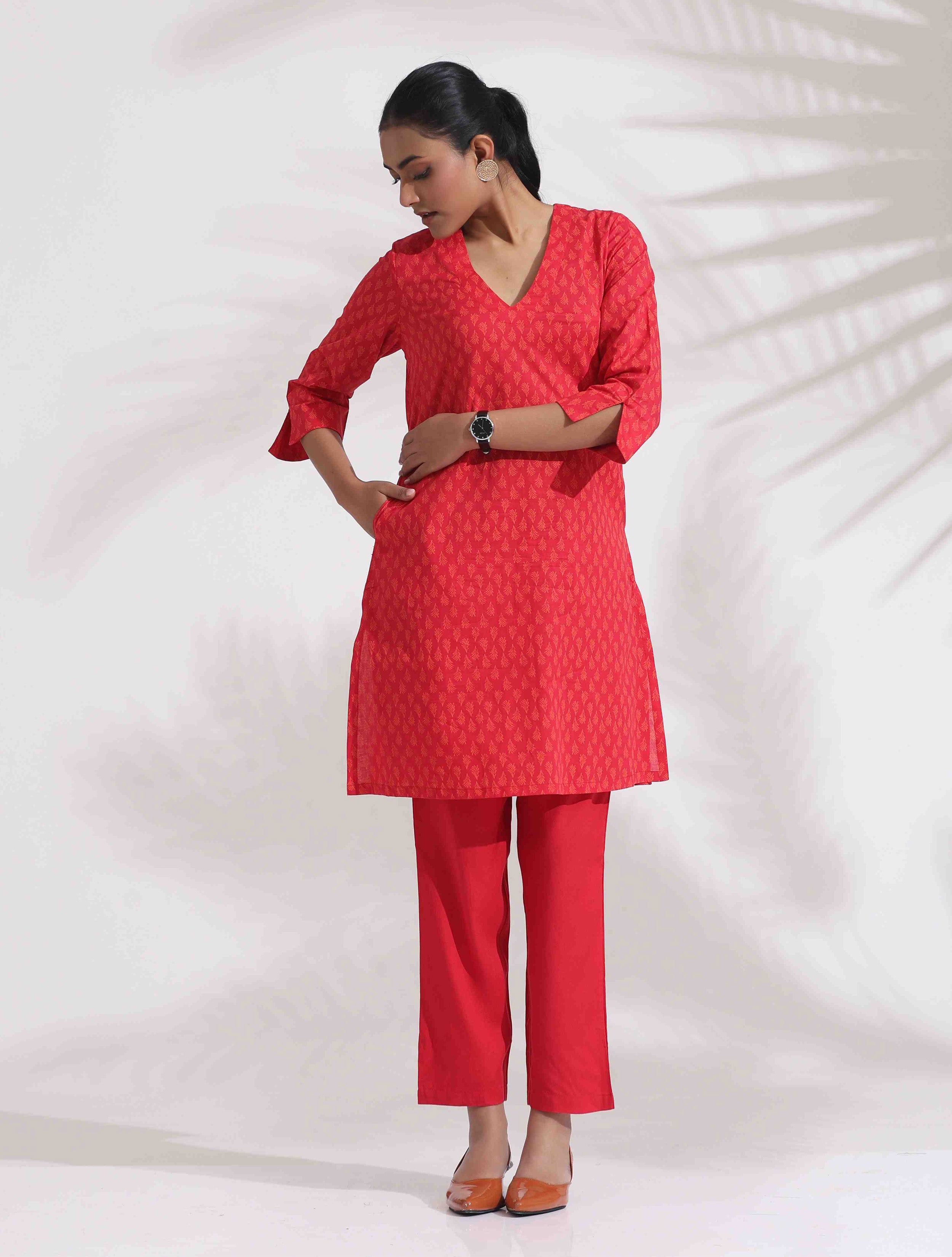 trueBrowns Red Cotton Print Kurta Co-ord Set