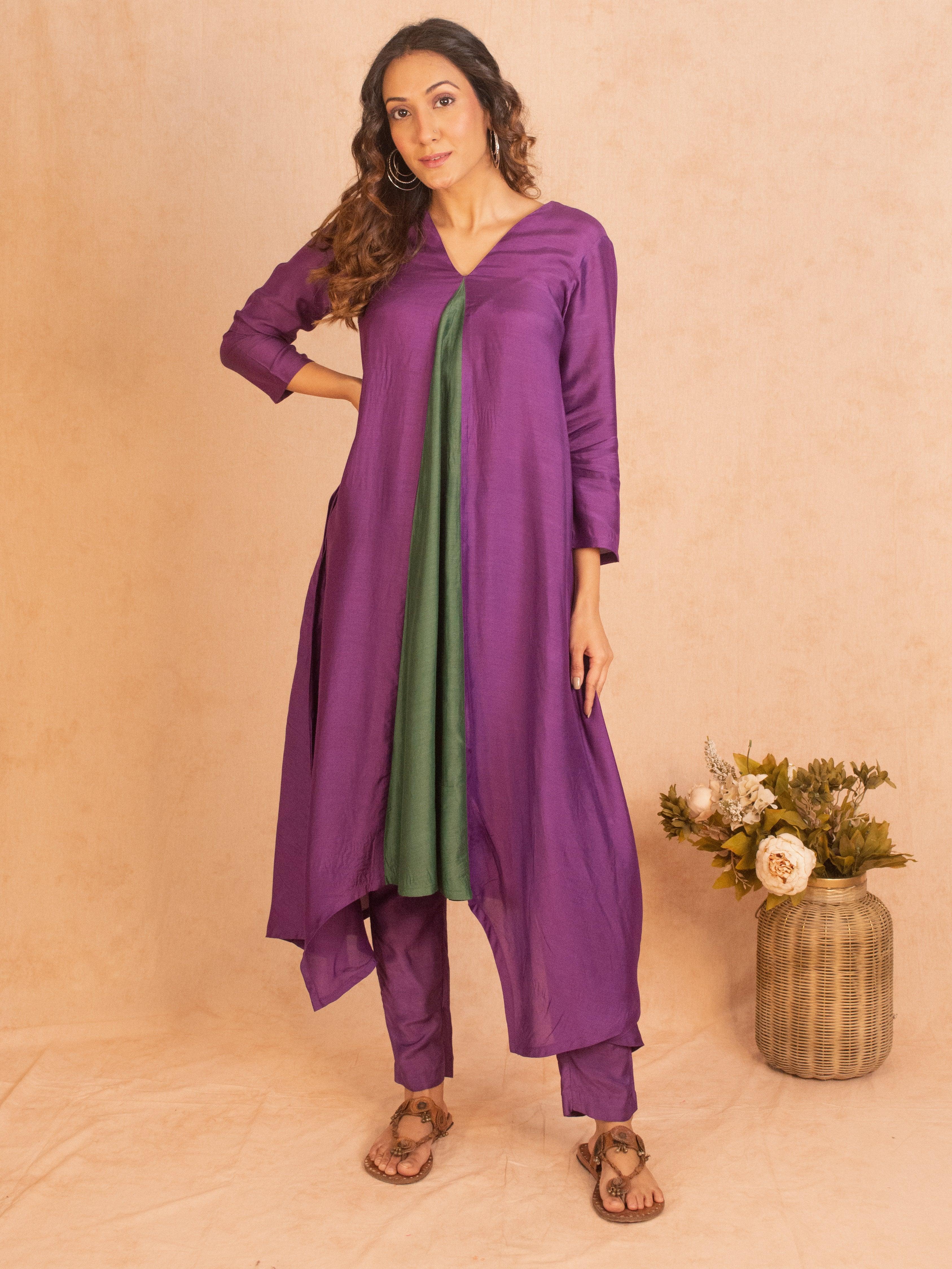 Silk Purple Flared Asymmetric Kurta Pant Set - trueBrowns