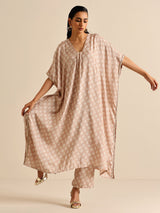 Beige White Floral Silk Print Kaftan Pant Set