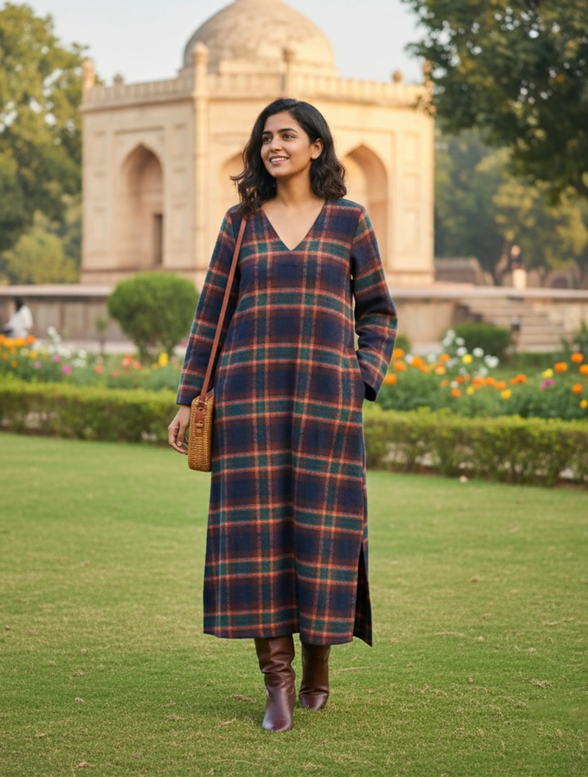 trueBrowns Navy Check V-Neck Dress