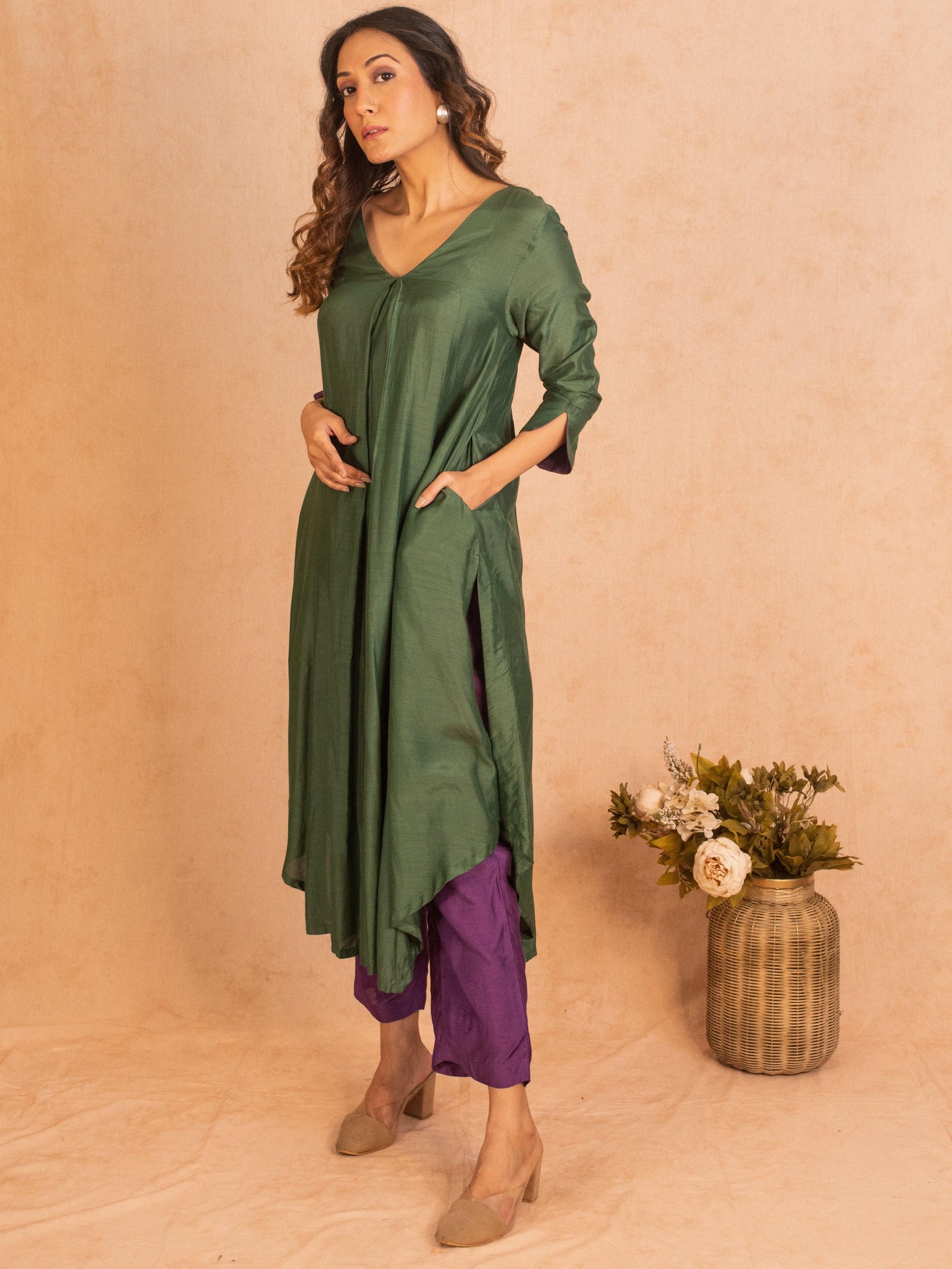 Silk Green Flared Asymmetric kurta Pant Set - trueBrowns
