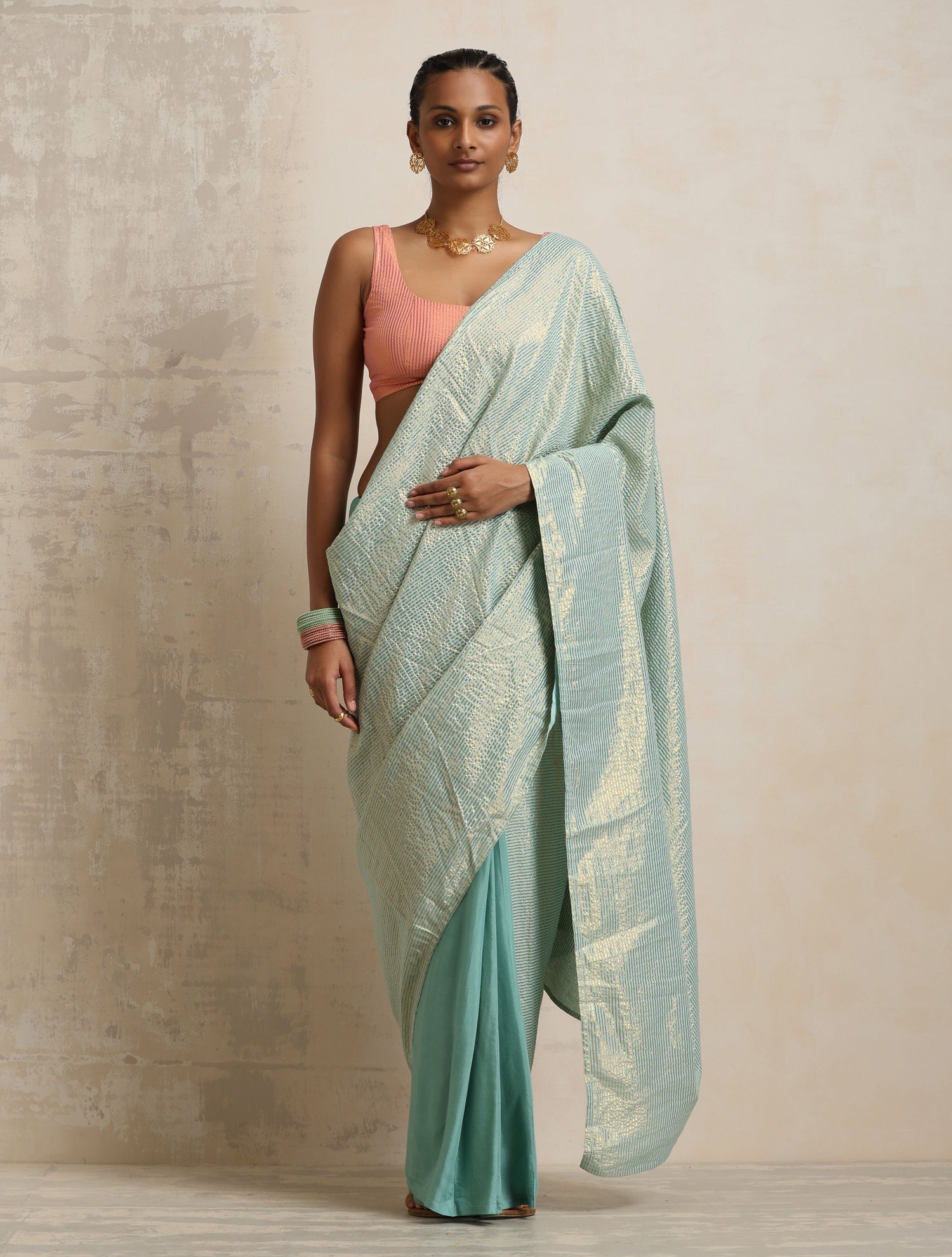 trueBrowns Blue Gold Lurex Ready To Wear Saree