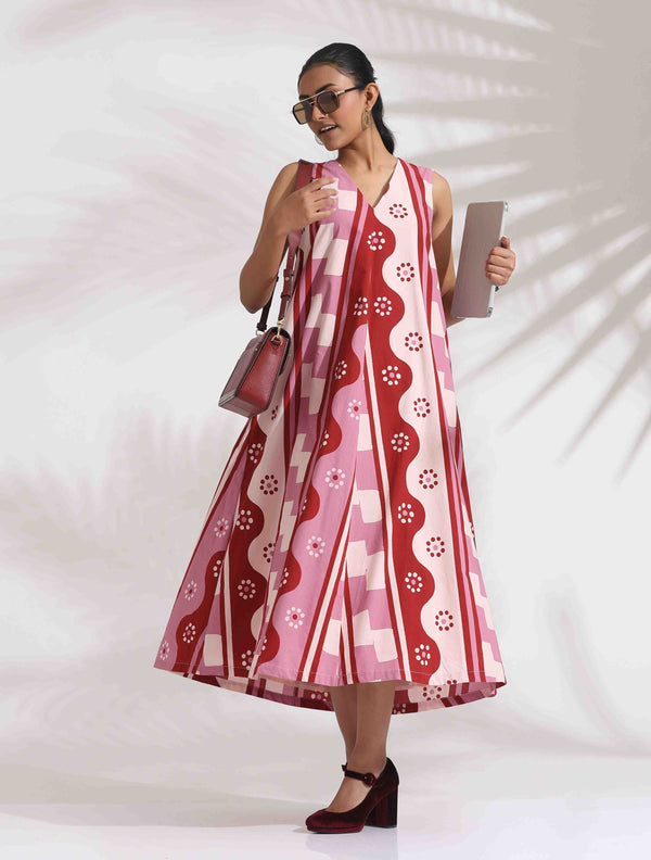 trueBrowns Pink Cotton Abstract Print Dress