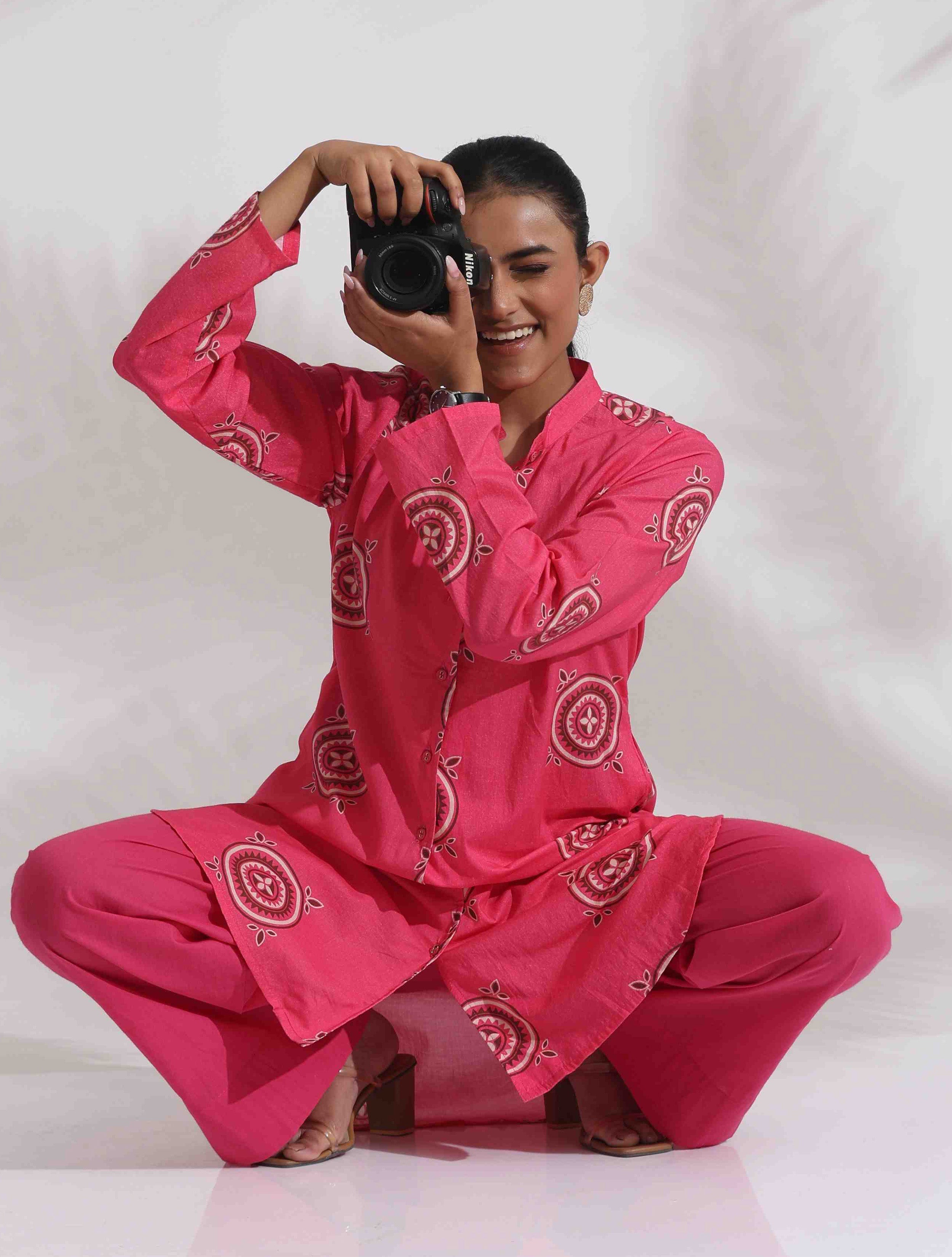 trueBrowns Pink Cotton Print Kurta Co-ord Set