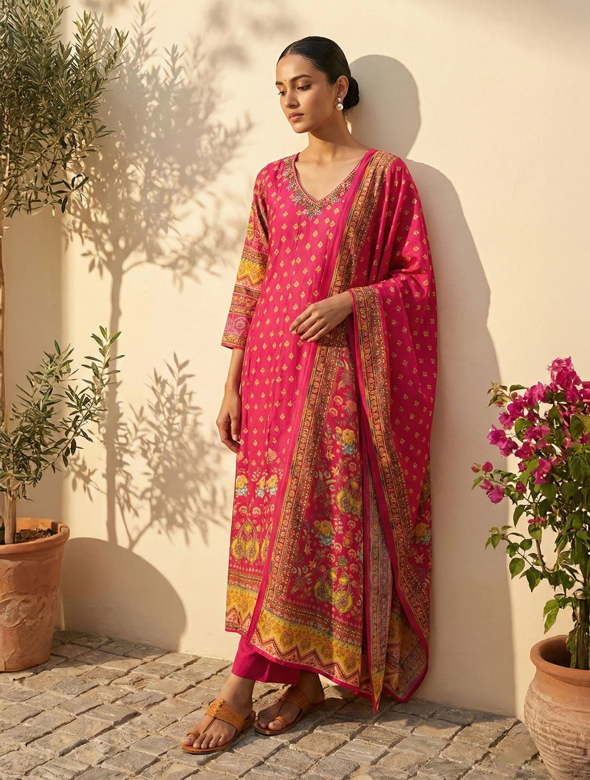 trueBrowns Pink Print Embroidered Anarkali Kurta Pant Dupatta Set