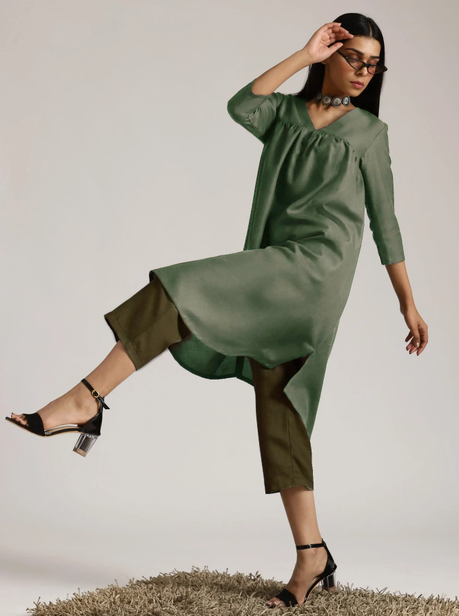 Cotton Linen Light Green Gathered Kurta Pant Set