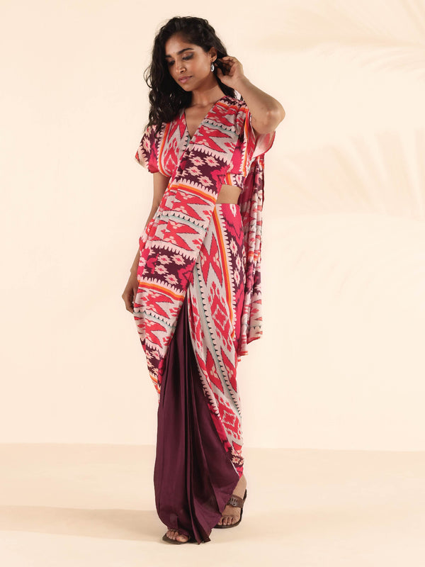 trueBrowns Maroon Muslin Ikat Saree