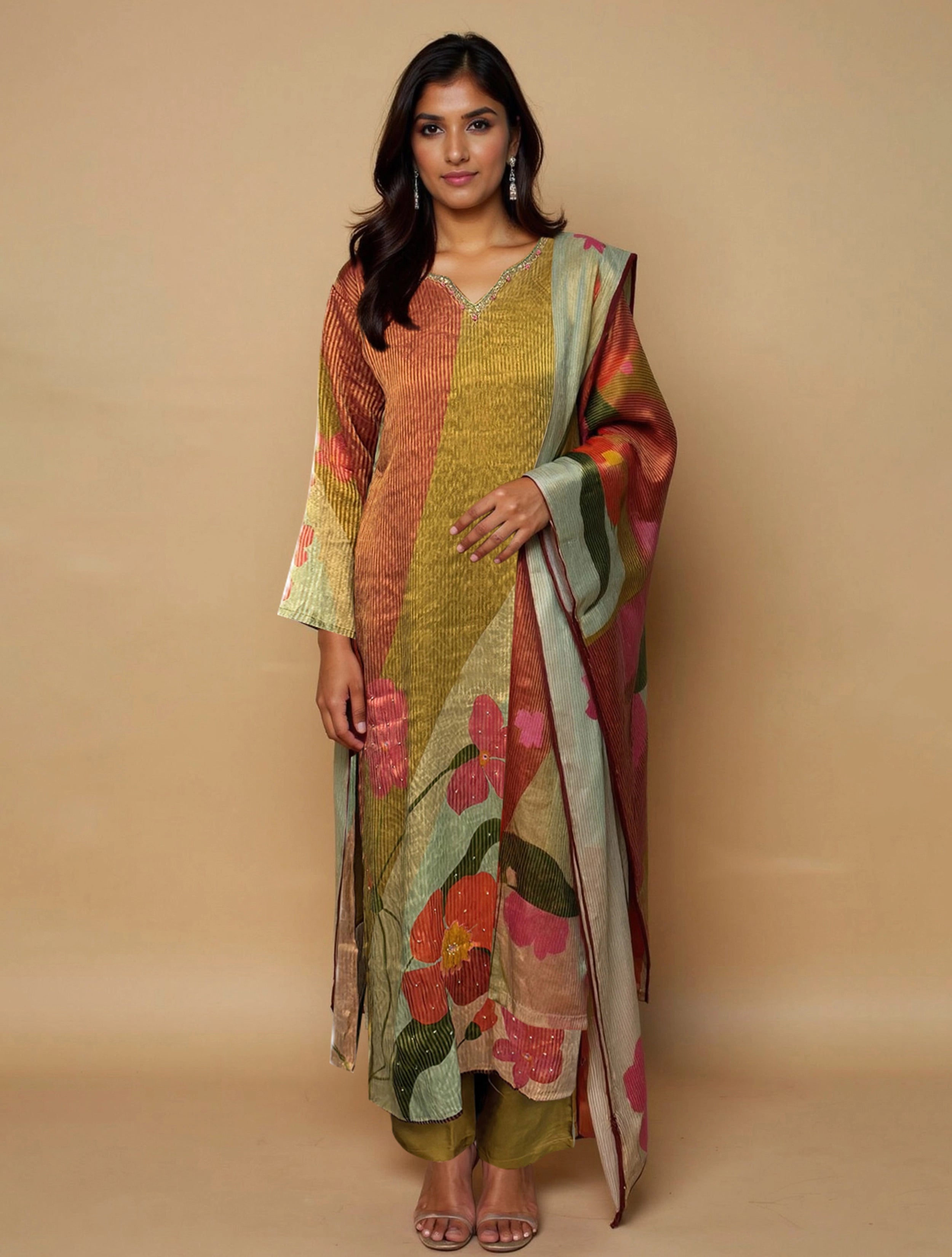 trueBrowns Pink Embroidered Tissue Straight Kurta 3pc Set