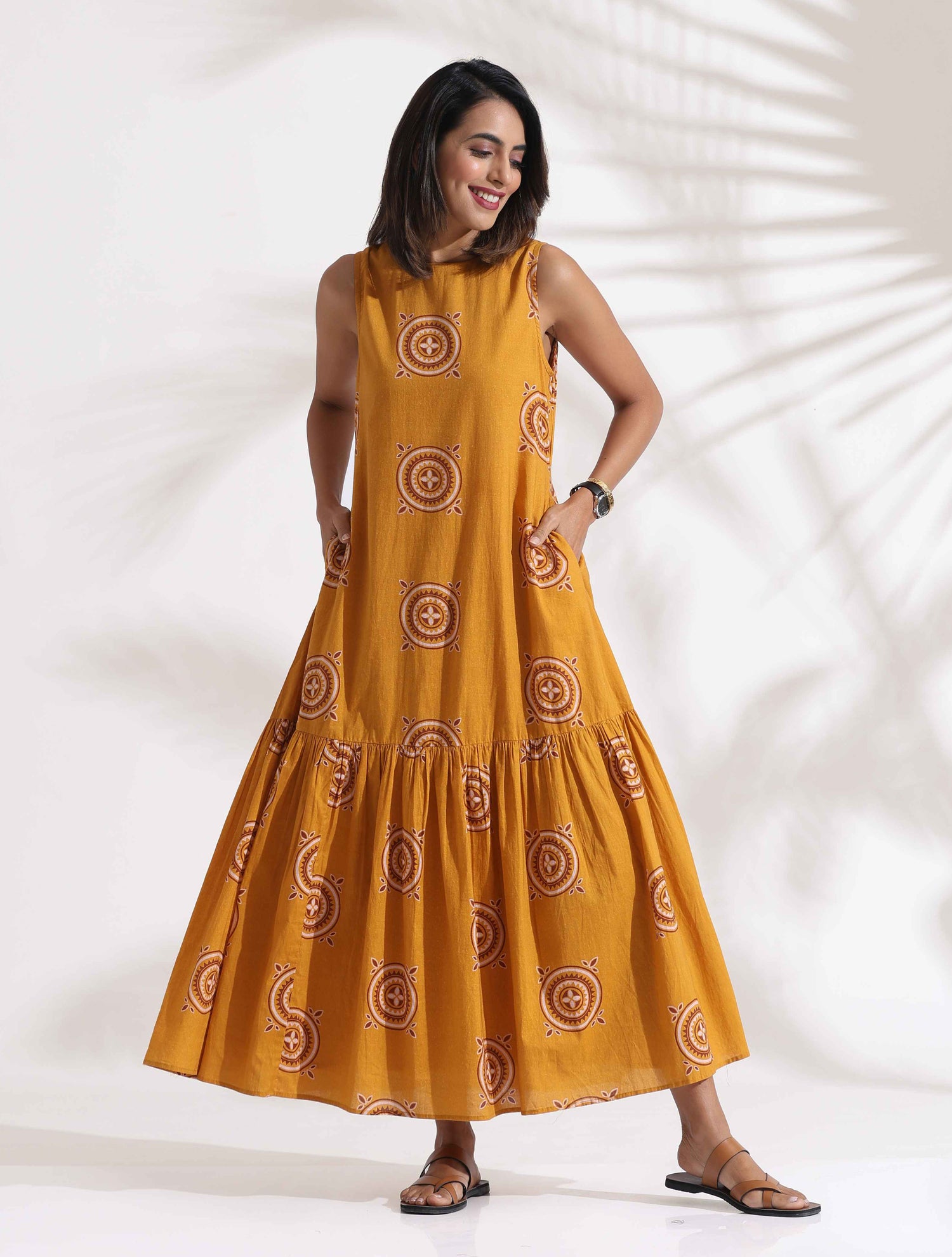 trueBrowns Mustard Cotton Print Tier Dress