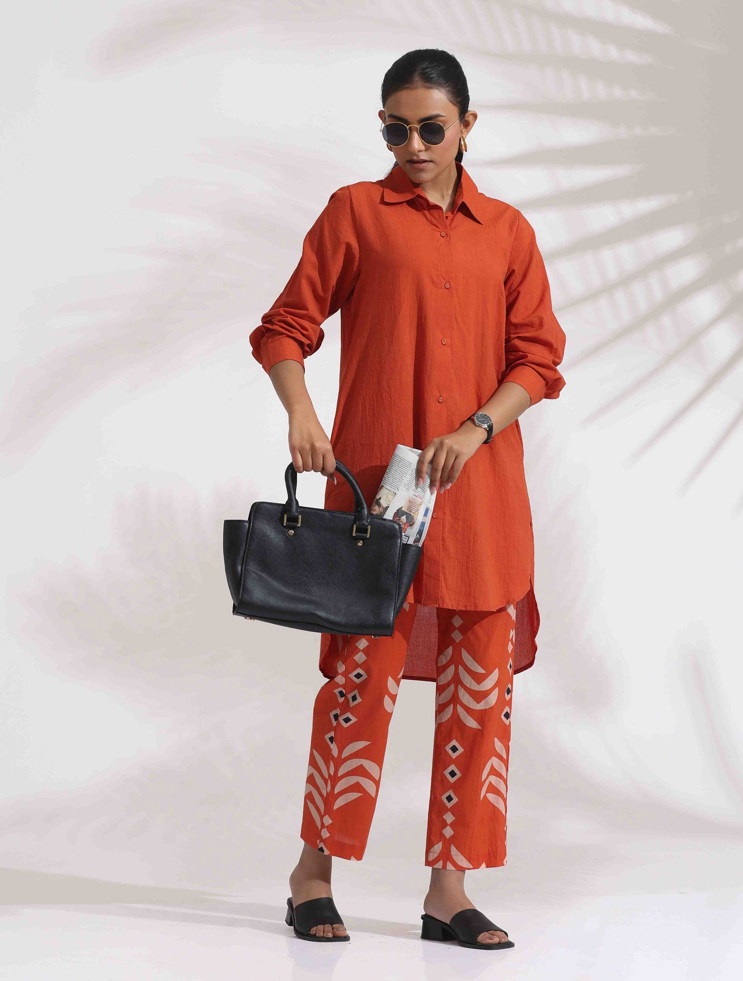 trueBrowns Orange Cotton Solid Shirt Kurta Co-ord Set
