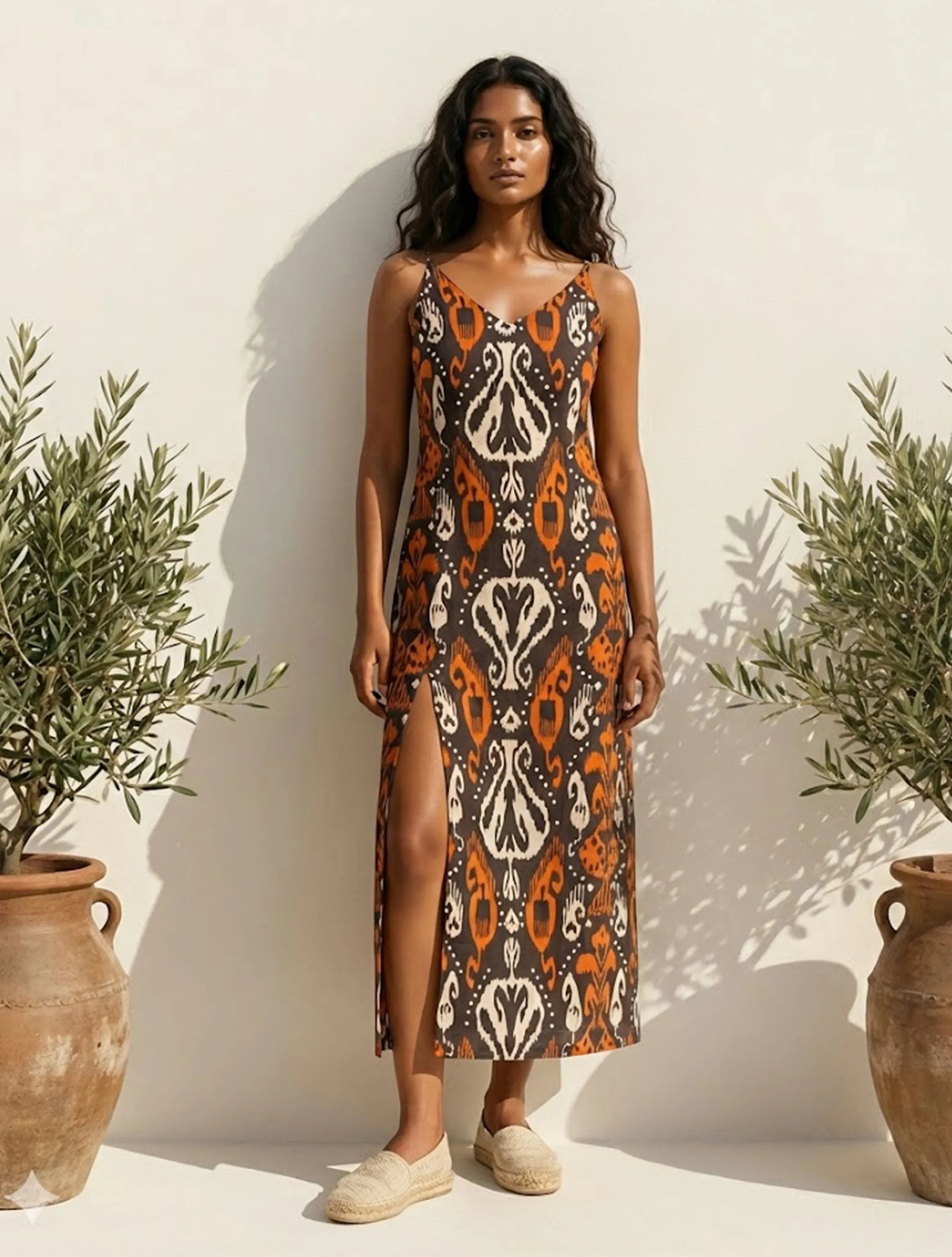 trueBrowns Cola Orange Ikat Print Cotton Mull Strappy Long Dress