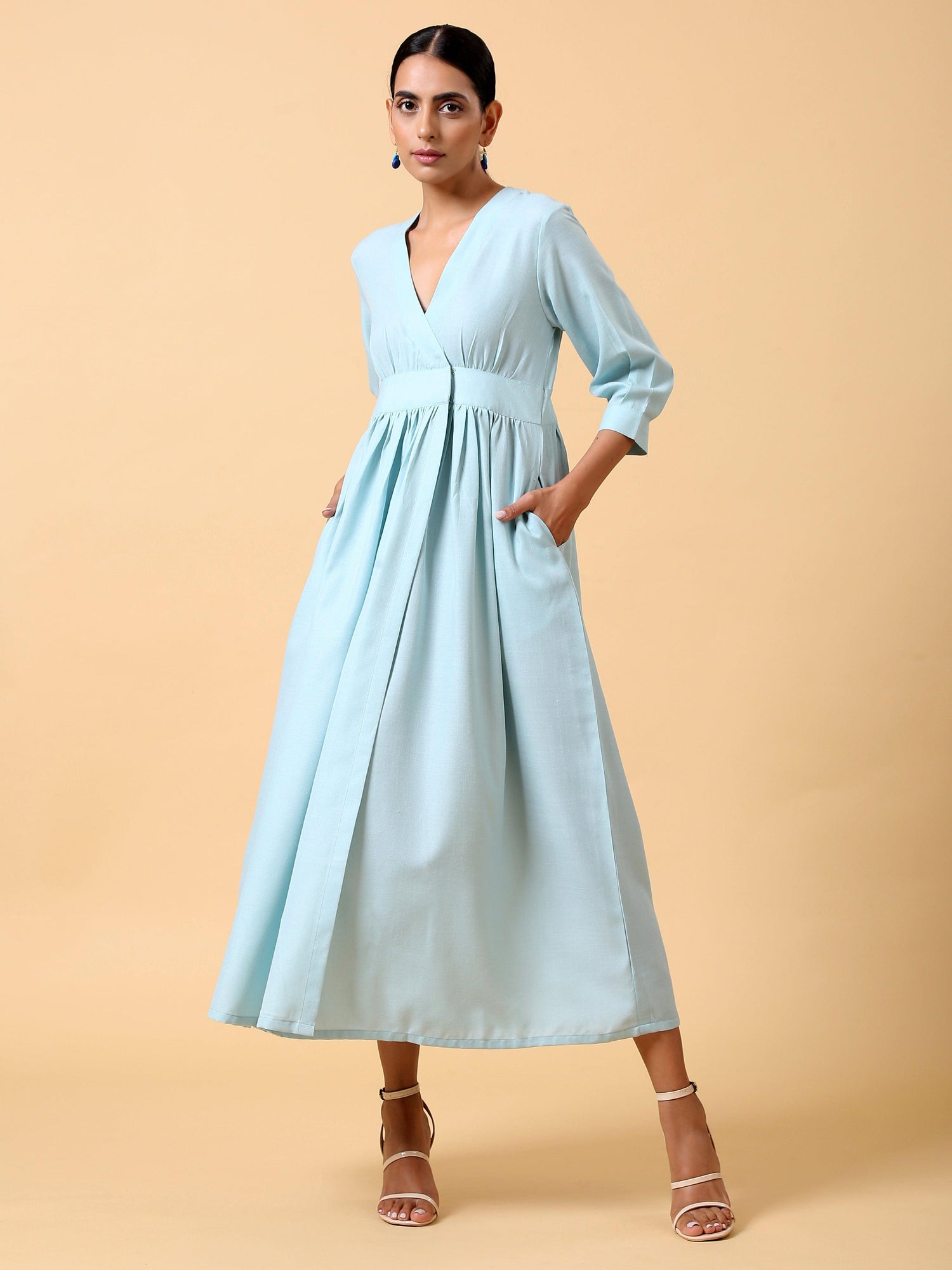 Cotton Linen Light Blue Wrap Dress - trueBrowns