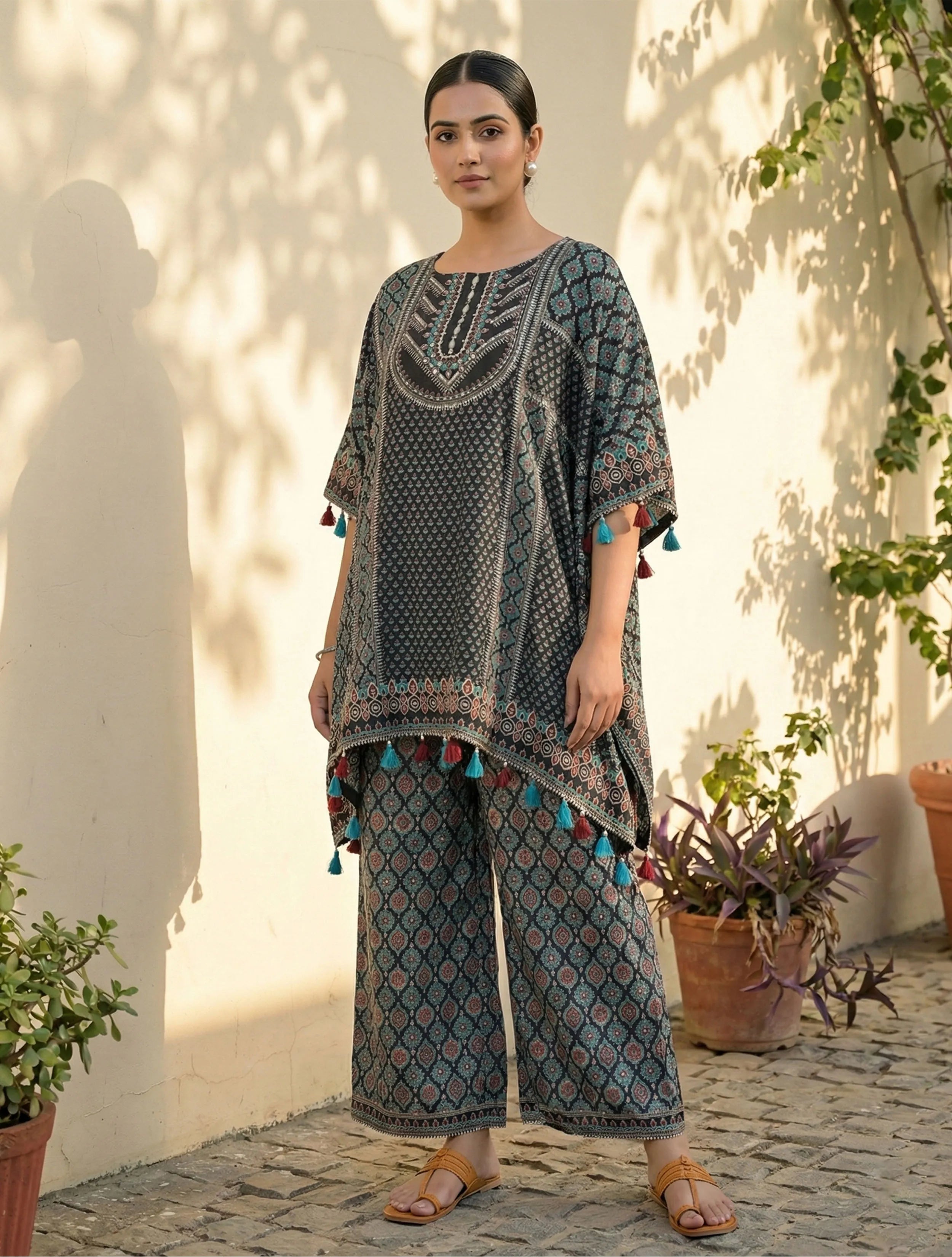 trueBrowns Black Print Embroidered Kaftan Co-Ord Set